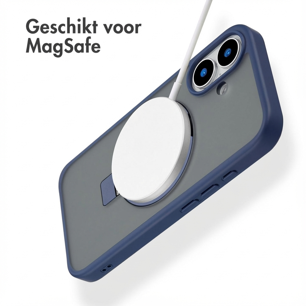 iPhone mit MagSafe-Ladegerät, Rückseite mit blauem Rand und grauem Gehäuse.