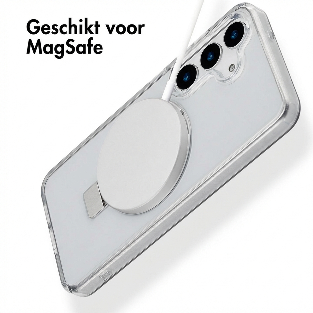 Custodia trasparente con caricatore MagSafe su smartphone.