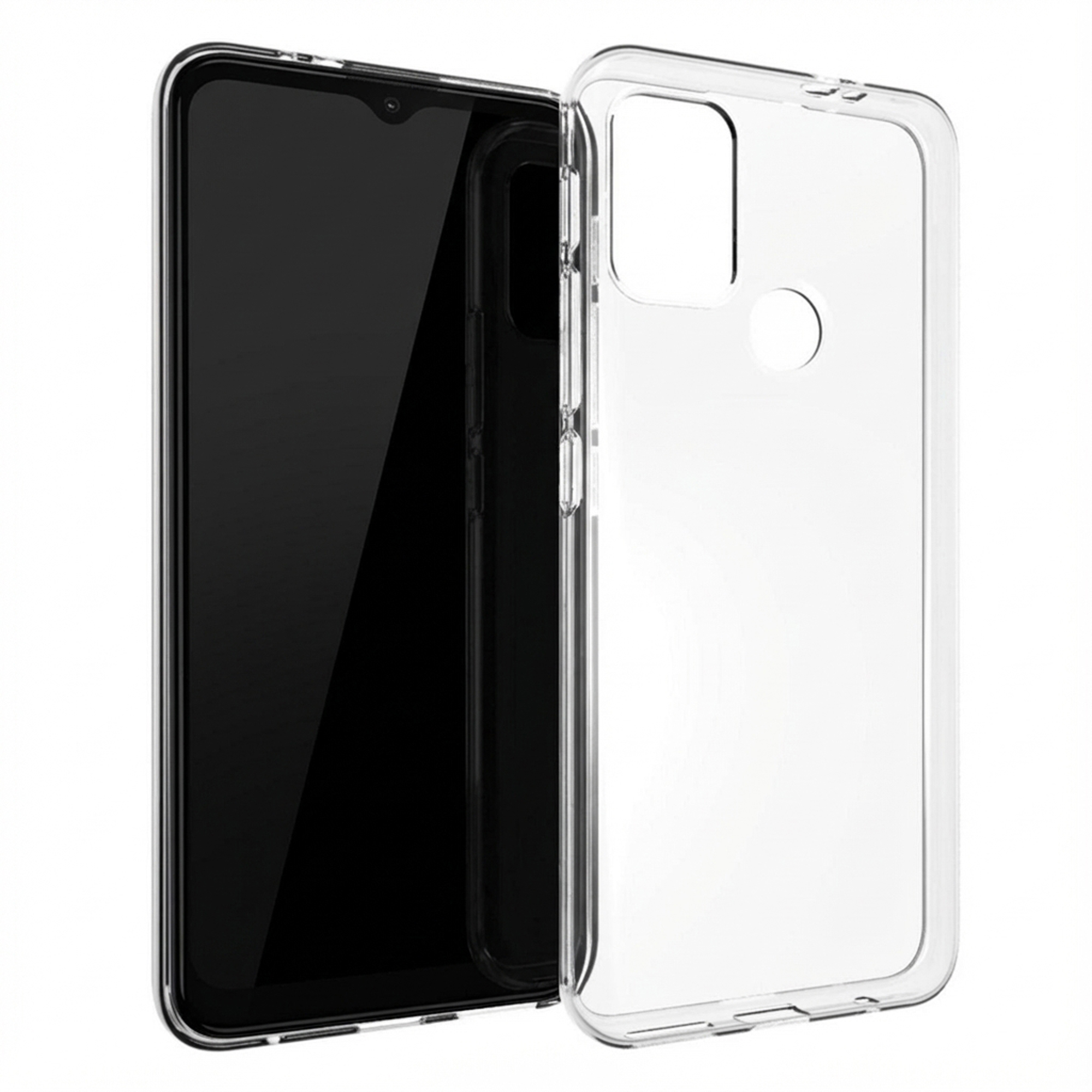 Uno smartphone nero accanto a una custodia protettiva trasparente.