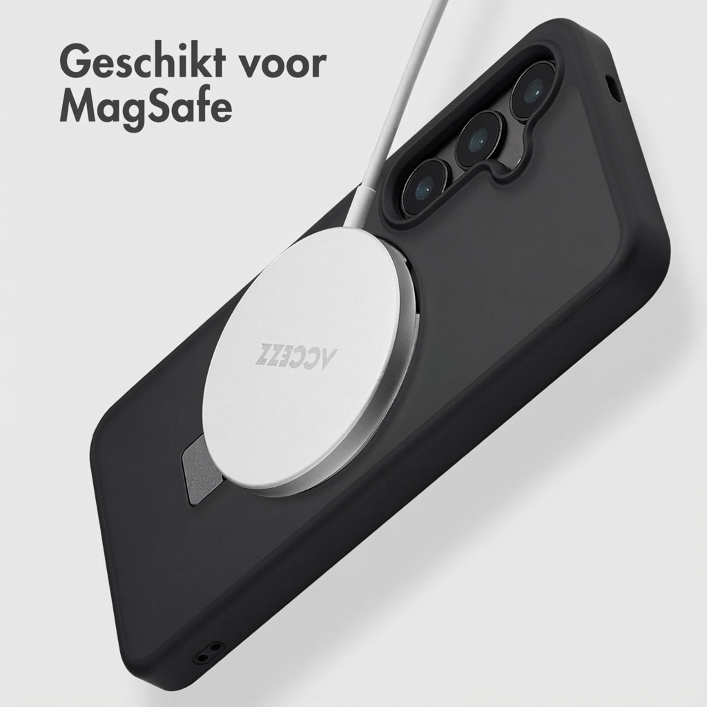 Téléphone noir avec chargeur MagSafe et câble de chargement.