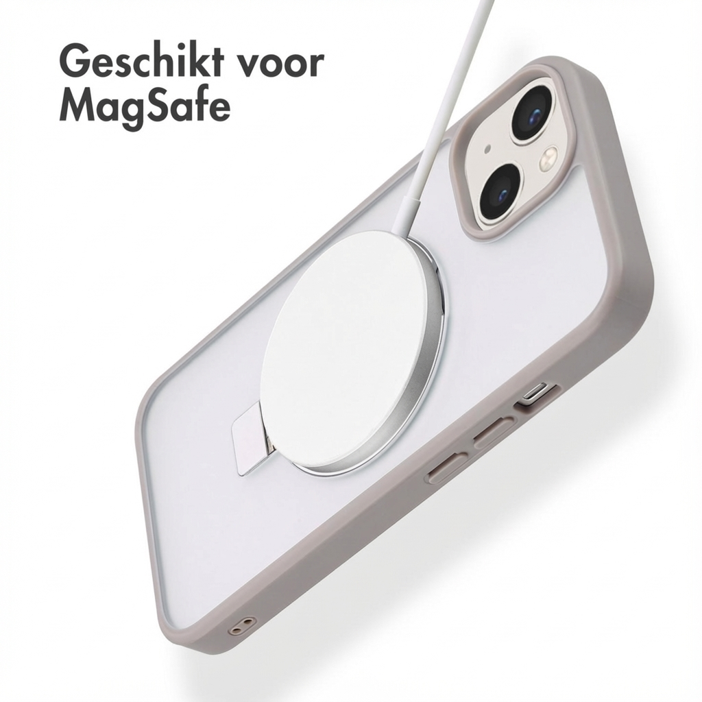 Una custodia grigia per telefono con un caricabatterie MagSafe bianco attaccato a un iPhone.