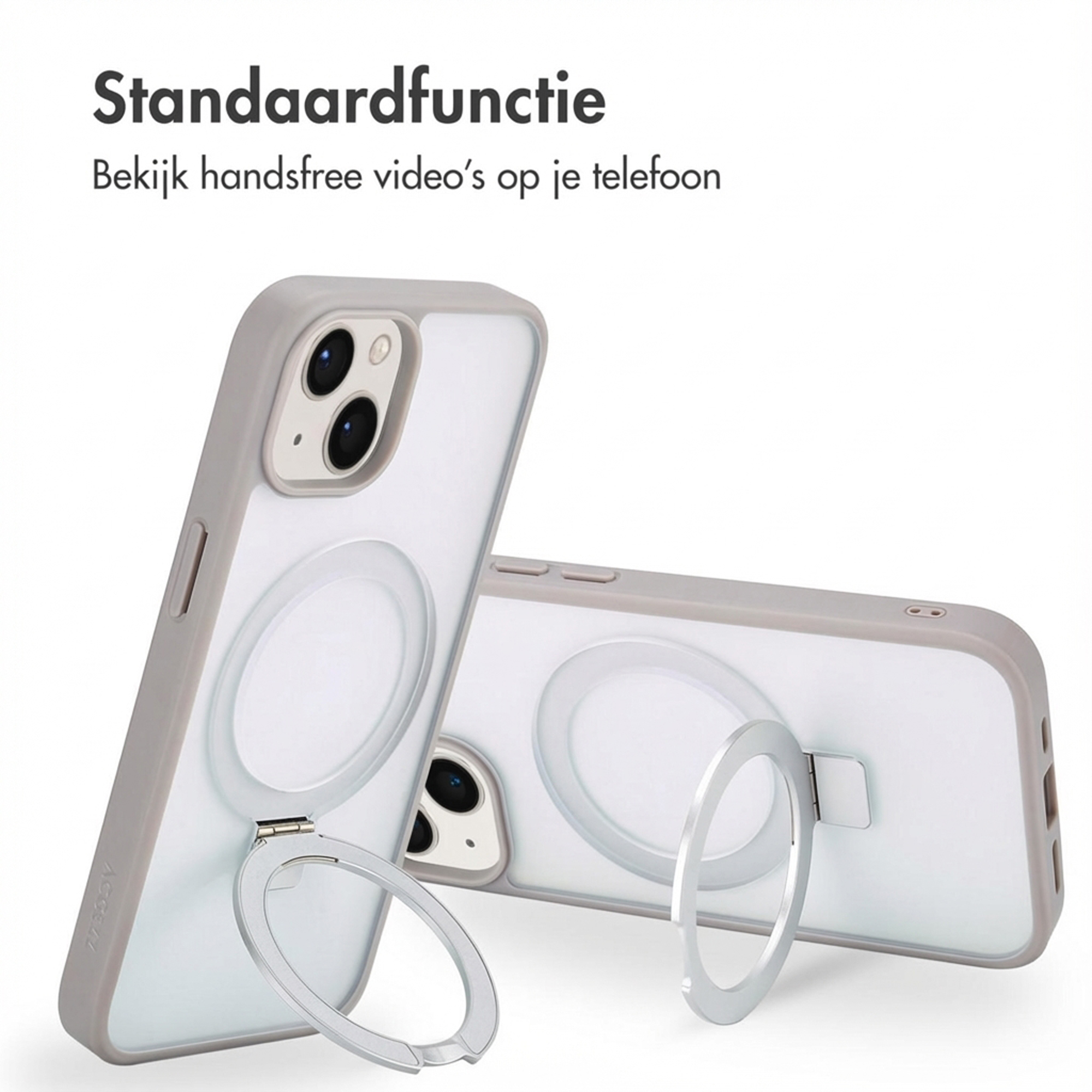 Due cover trasparenti per telefono con anello di supporto grigio. Una cover è in primo piano.