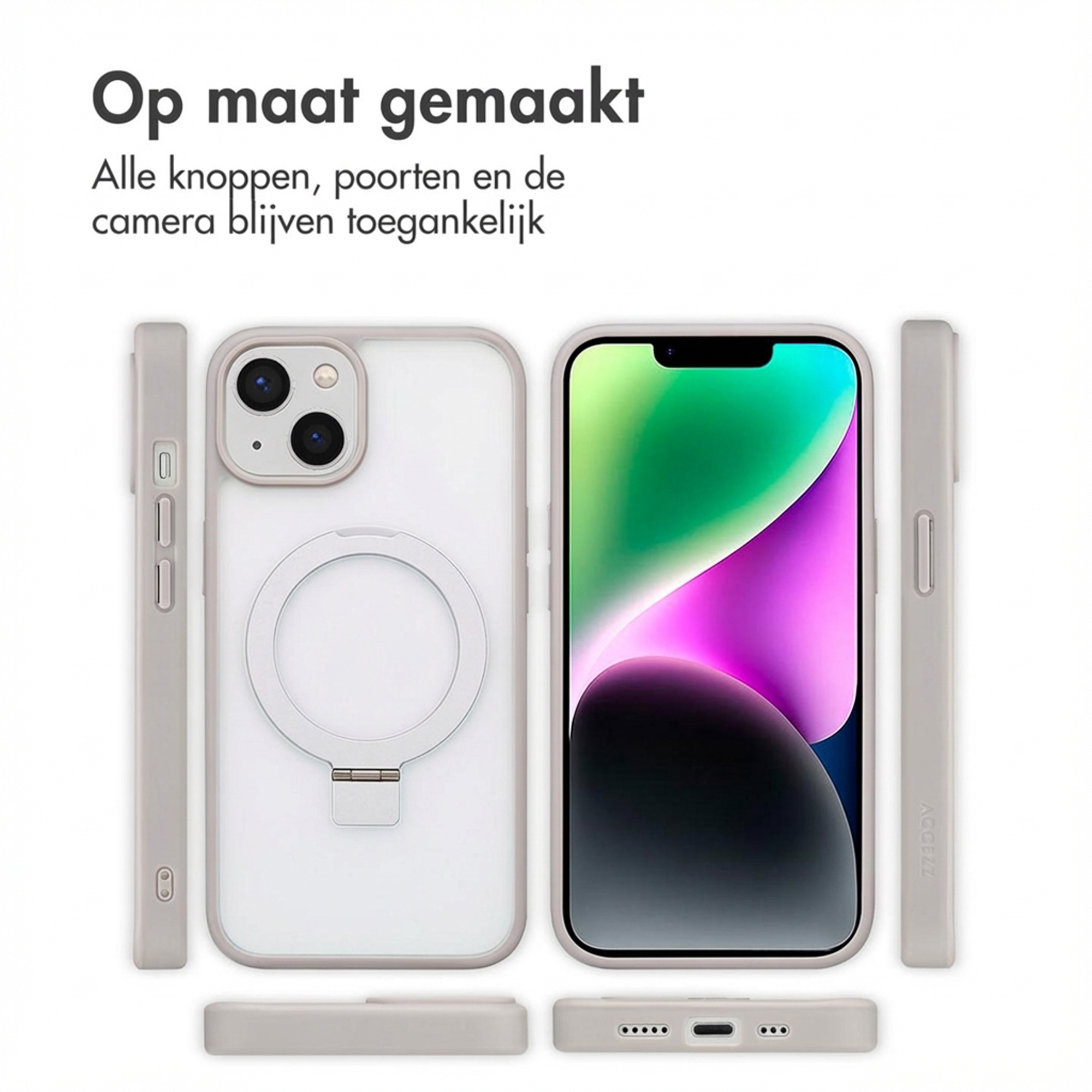 Set di custodie grigie per telefono con iPhone. Mostra viste posteriori, anteriori e laterali.