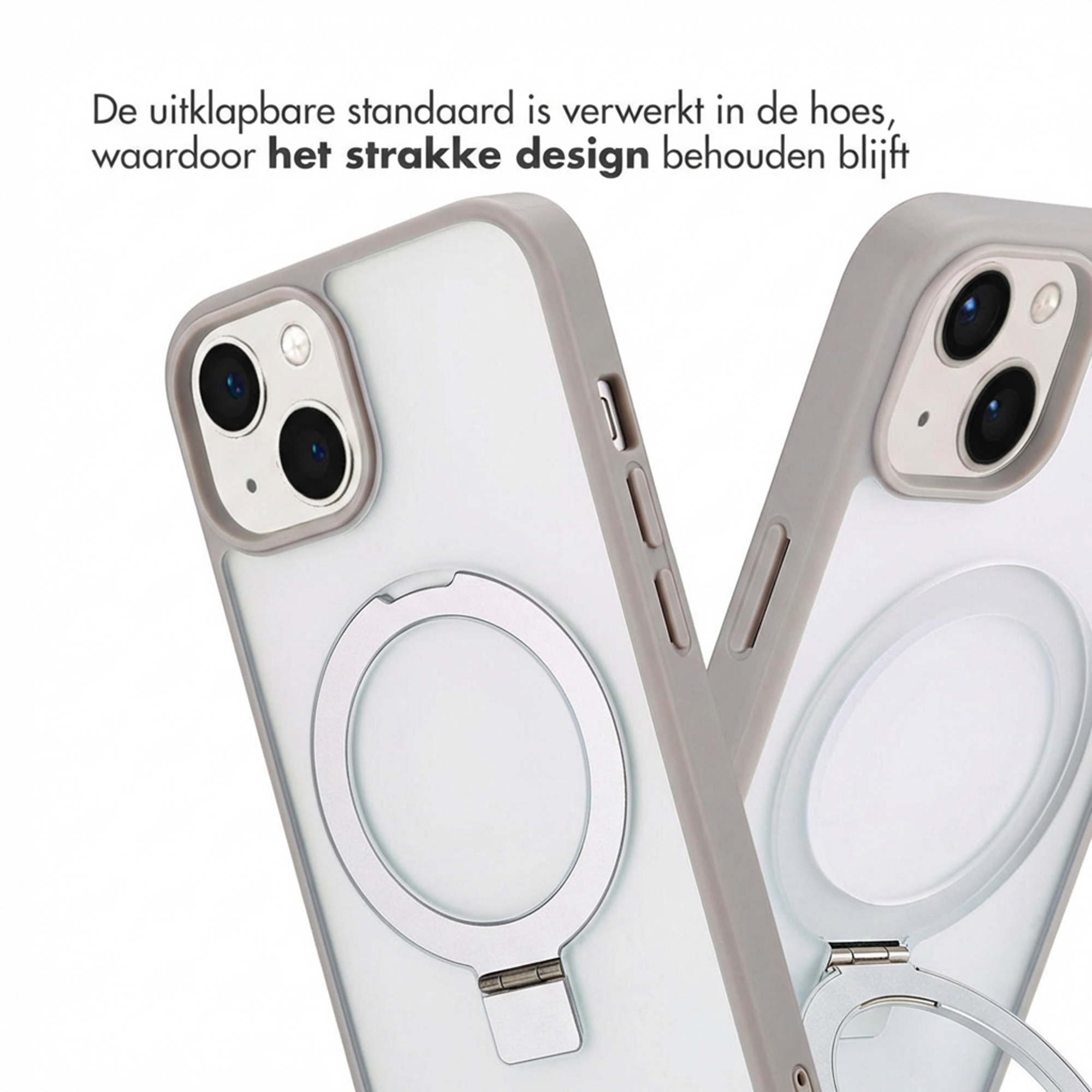 Due custodie grigie per telefono con anello di supporto integrato, primo piano.