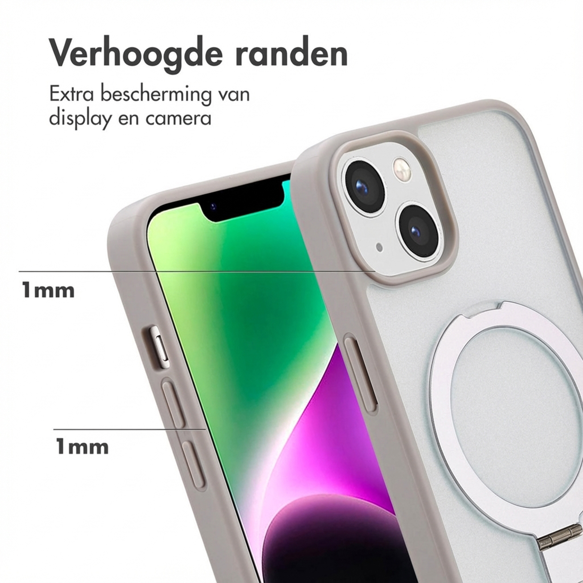 Custodia grigia per telefono con bordi rialzati per display e fotocamera.