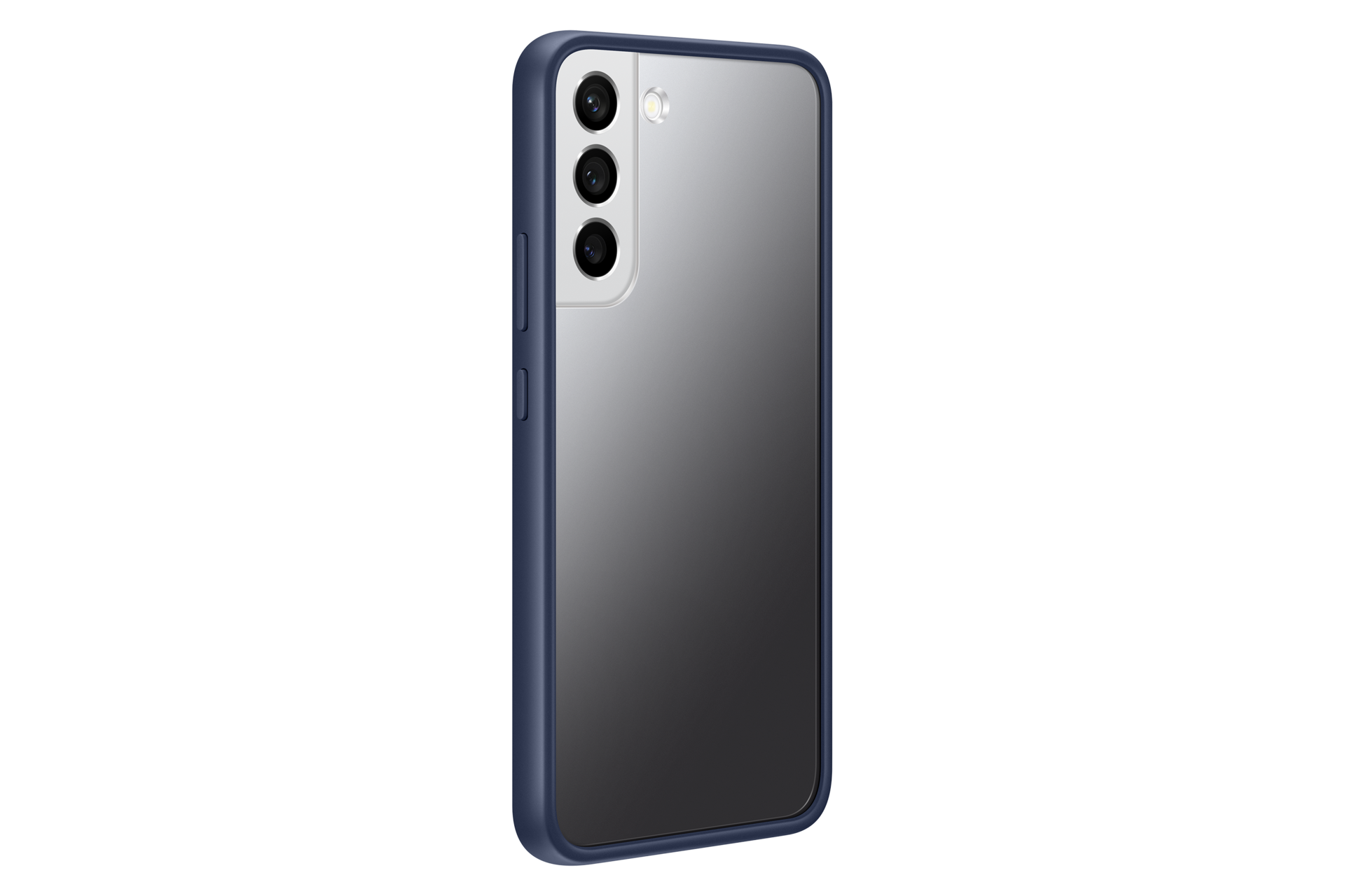 Un smartphone oscuro con tres cámaras y una funda azul.
