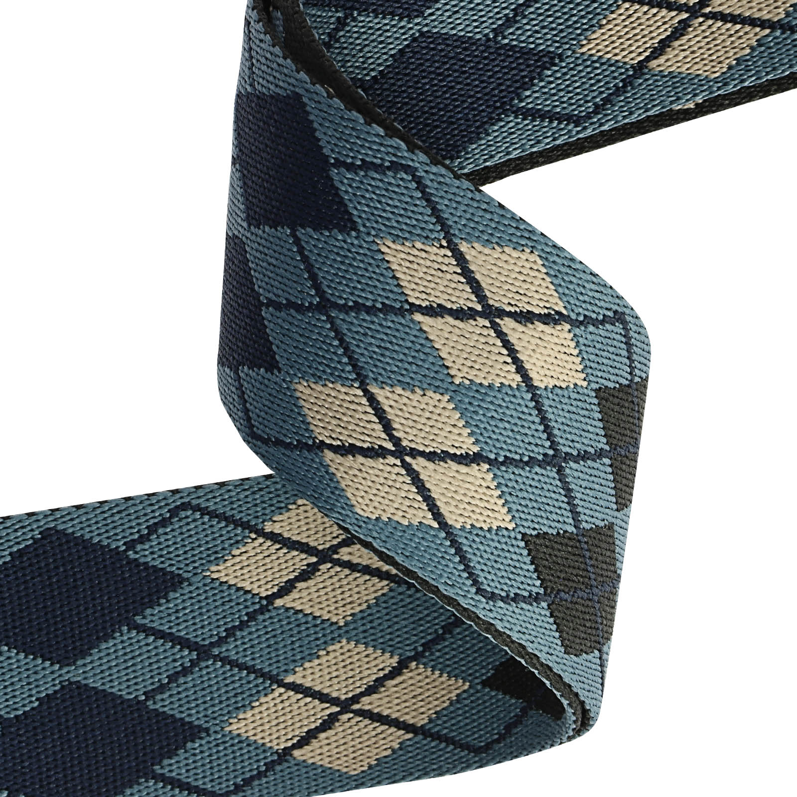 Una correa azul con patrón de rombos en varios tonos de azul y beige.