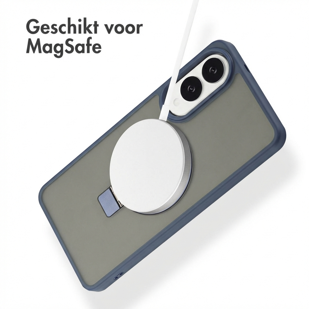 Uno smartphone con caricabatterie MagSafe e bordo blu su sfondo grigio.