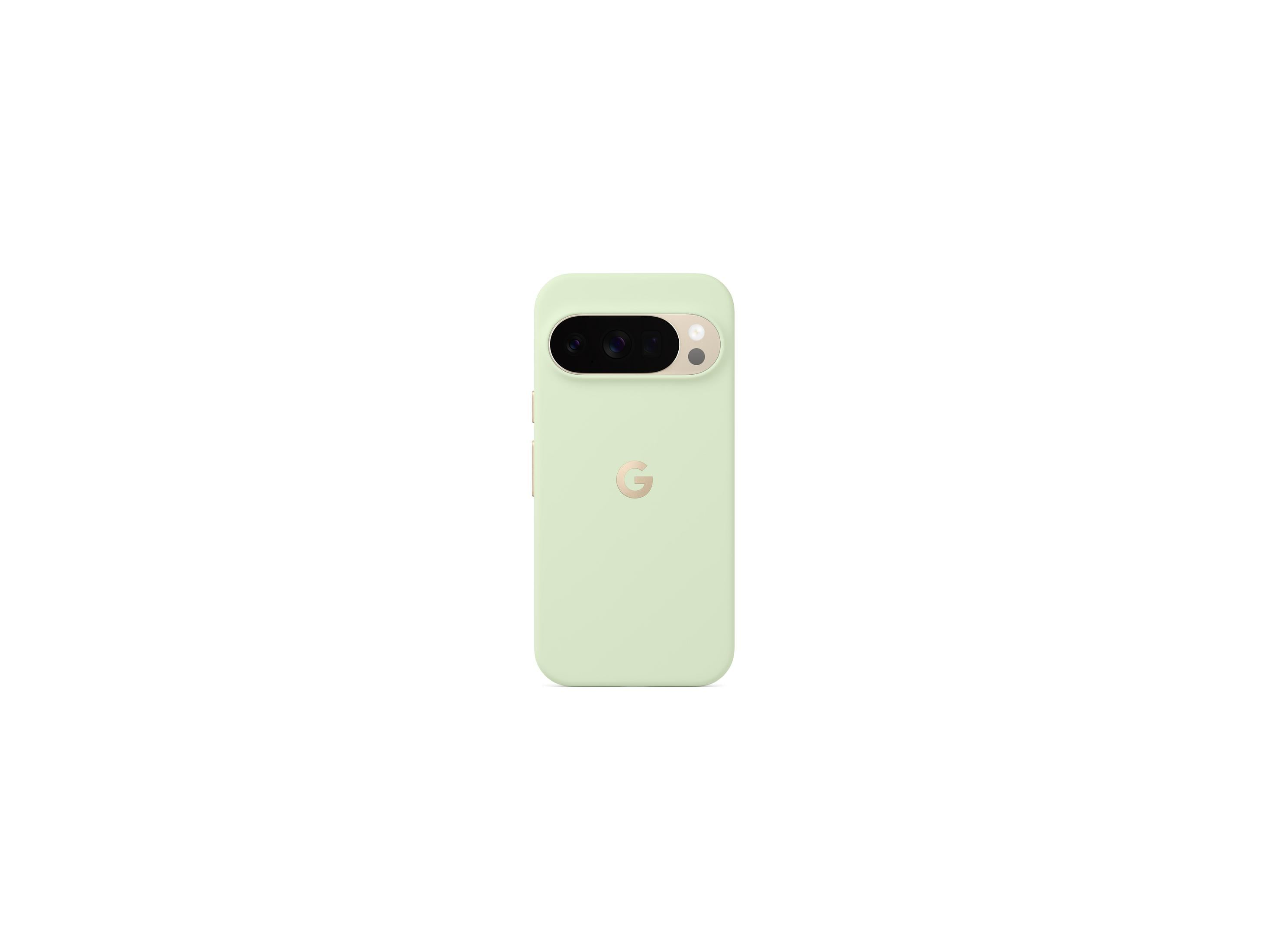 Helles Mintgrünes Handy-Case mit Google-Logo und drei Kameralinsen.