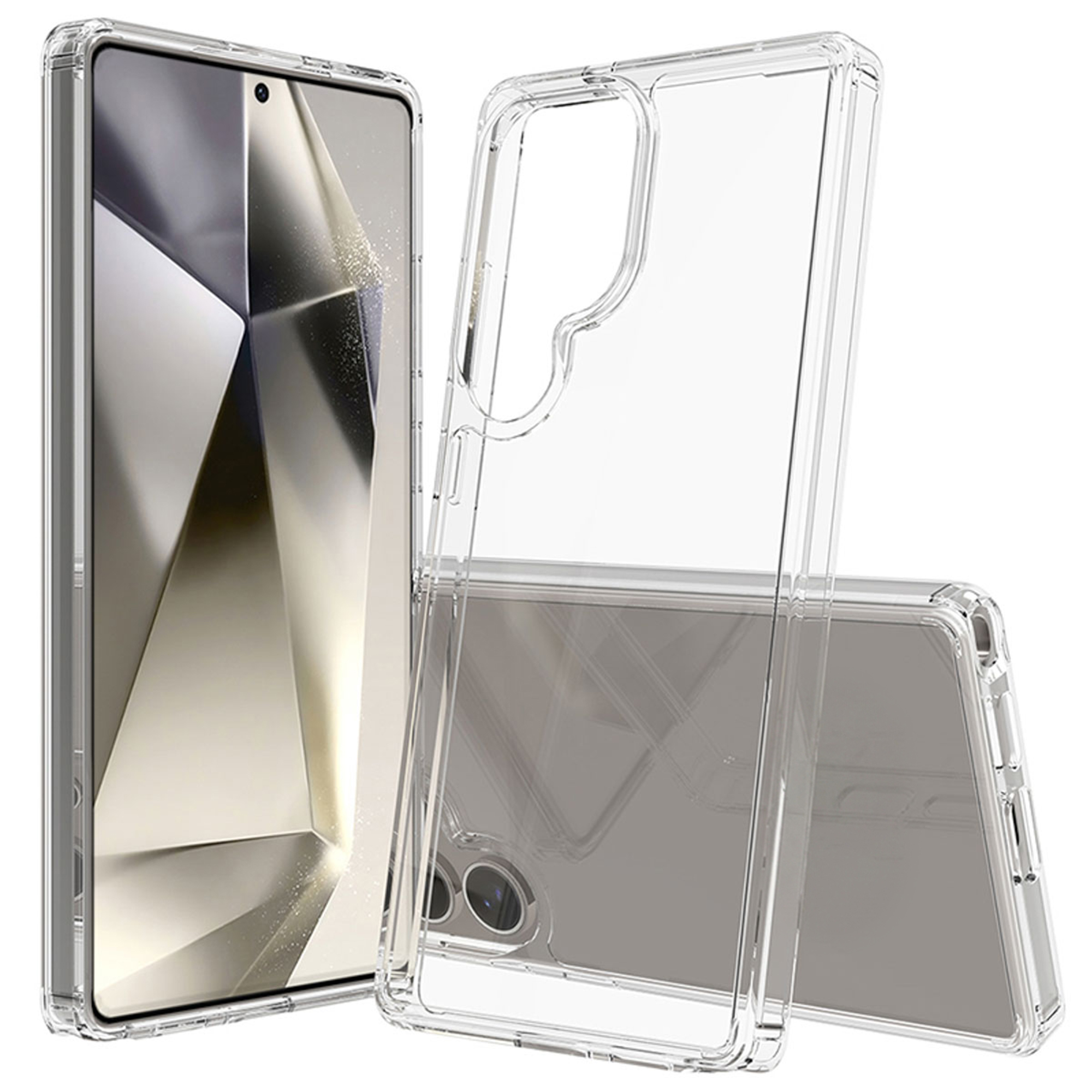 Due custodie trasparenti per telefono su sfondo bianco. Una custodia mostra un telefono con design geometrico.