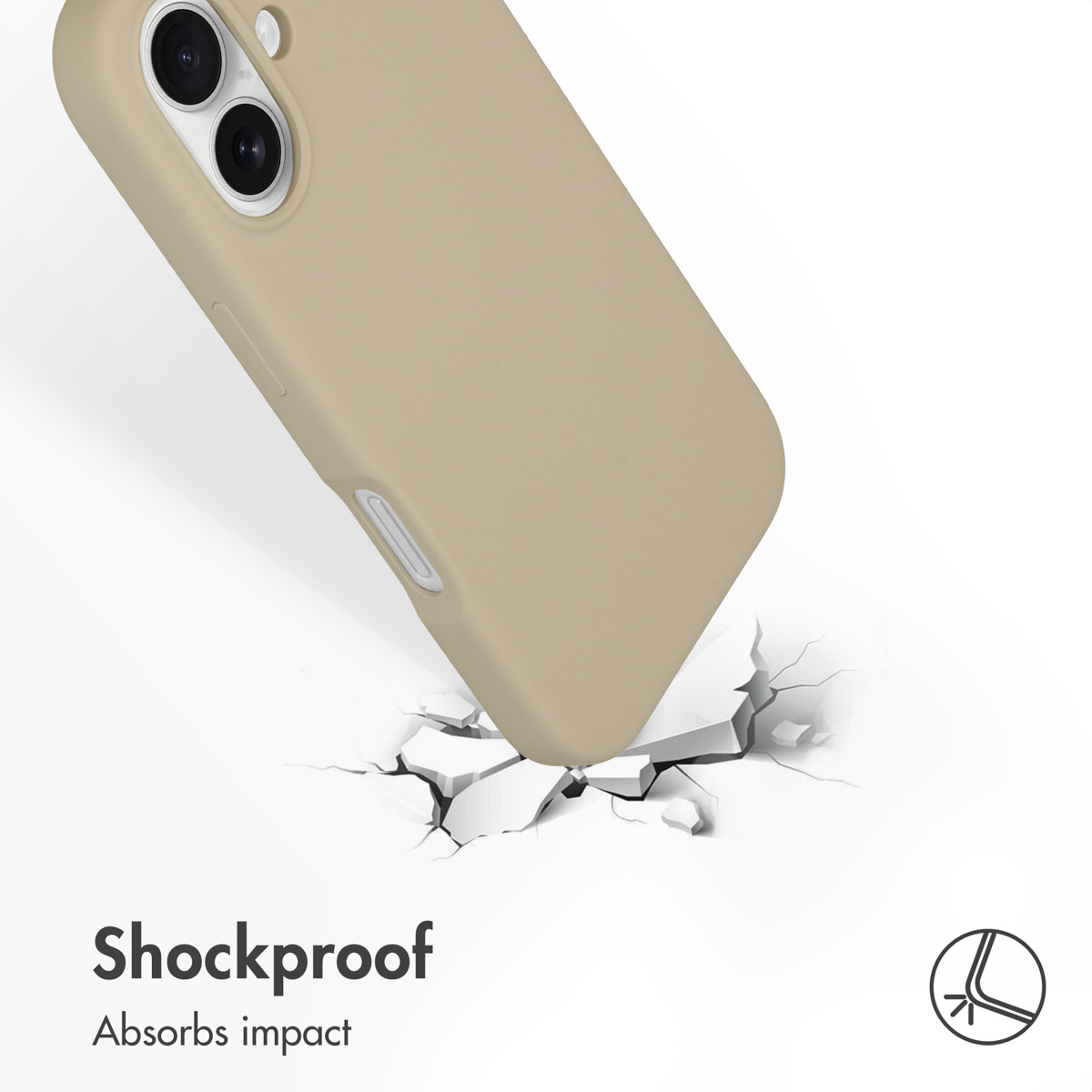 Una cover per telefono color cuoio che cade su una superficie bianca incrinata.