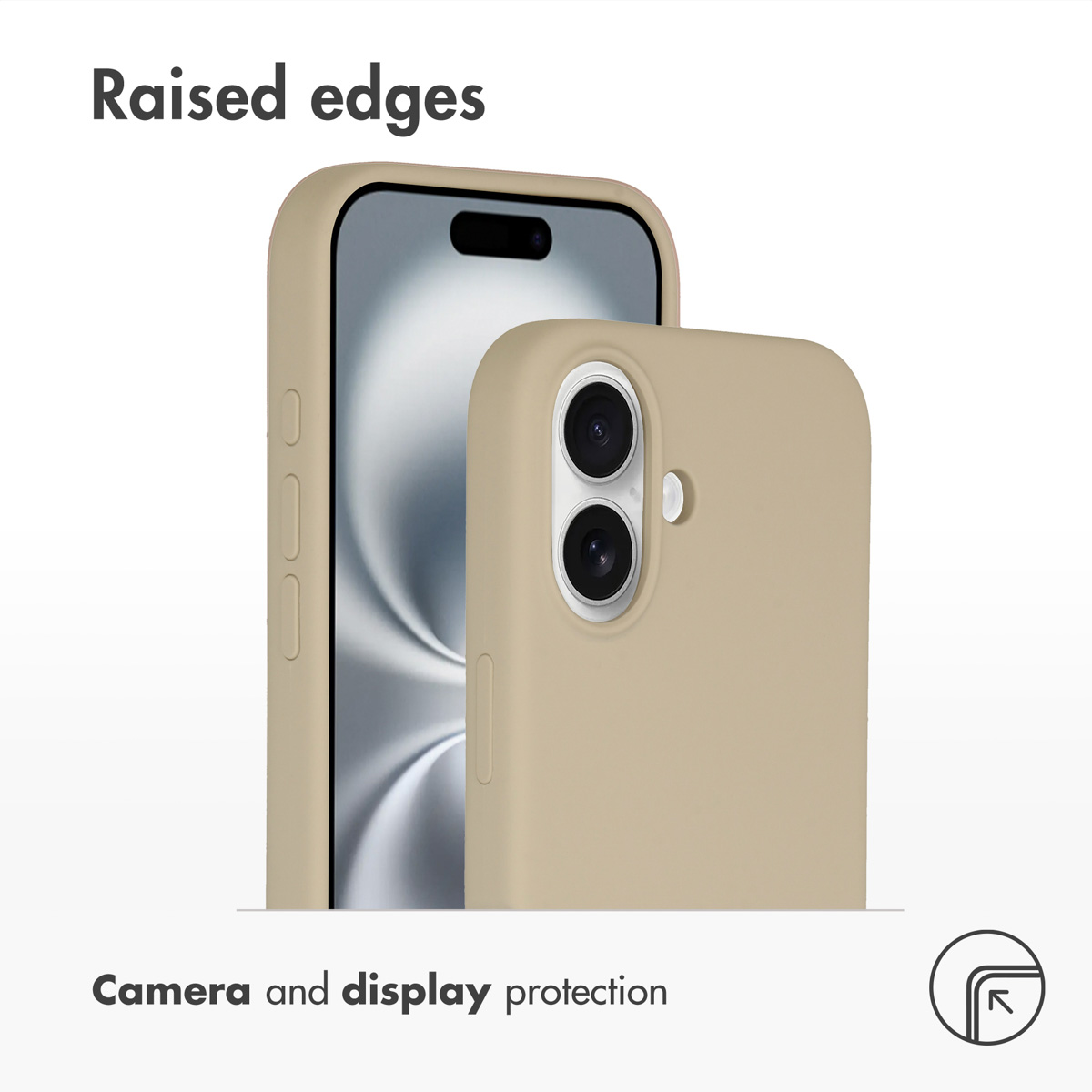 Una cover beige per telefono mostra bordi rialzati per la protezione di fotocamera e schermo.