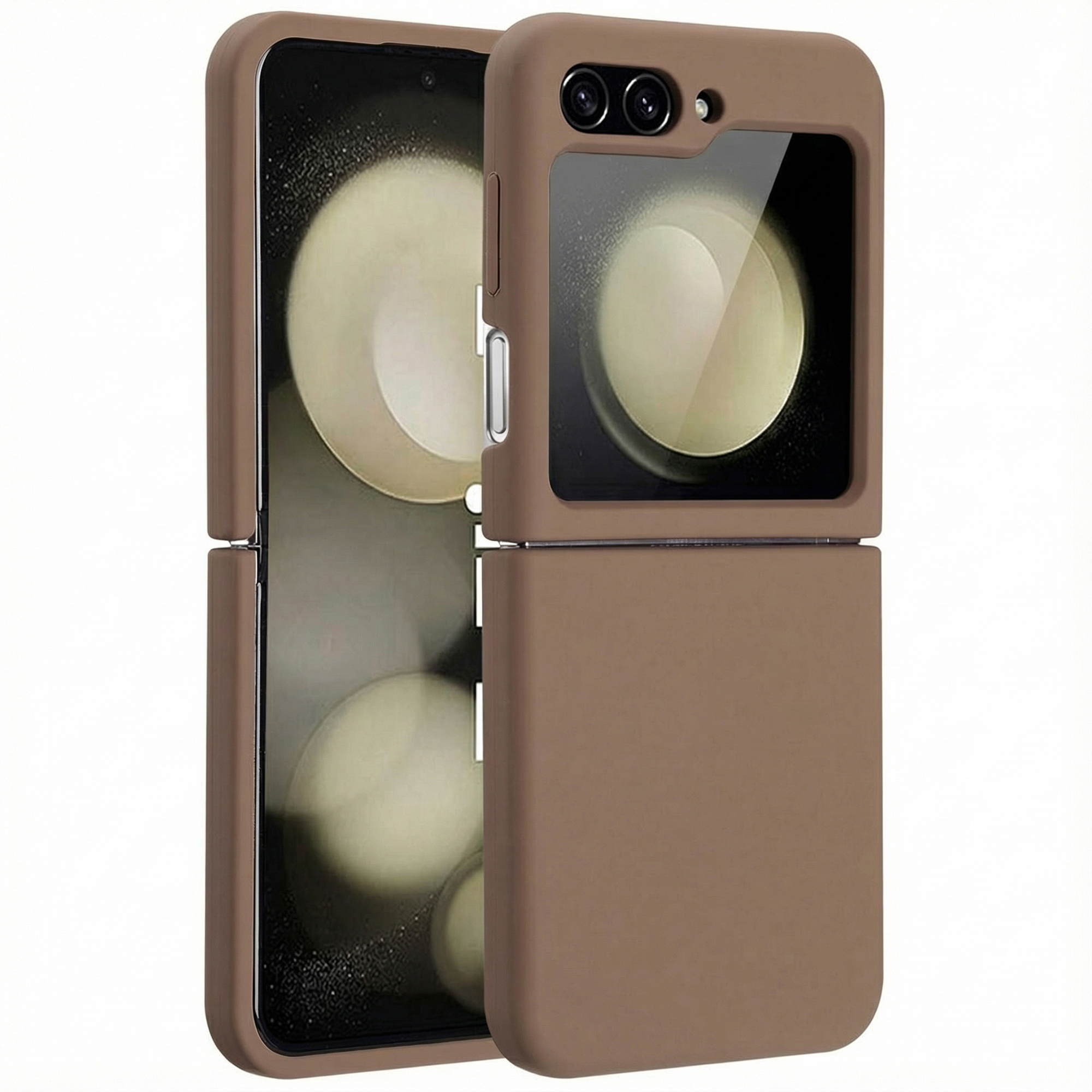 Un telefono flip marrone con due fotocamere posteriori.