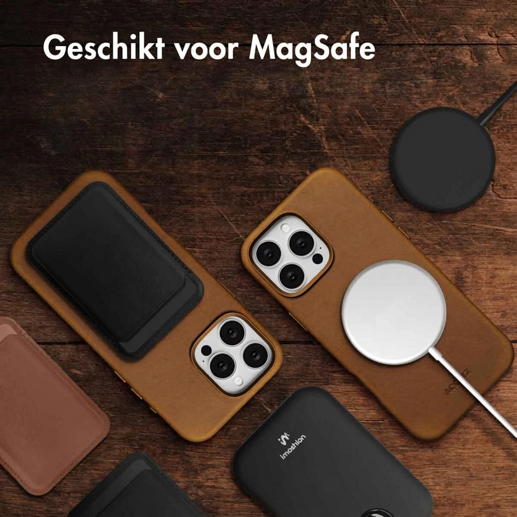 Due custodie per telefono marroni con accessori MagSafe e caricabatterie su sfondo legno.