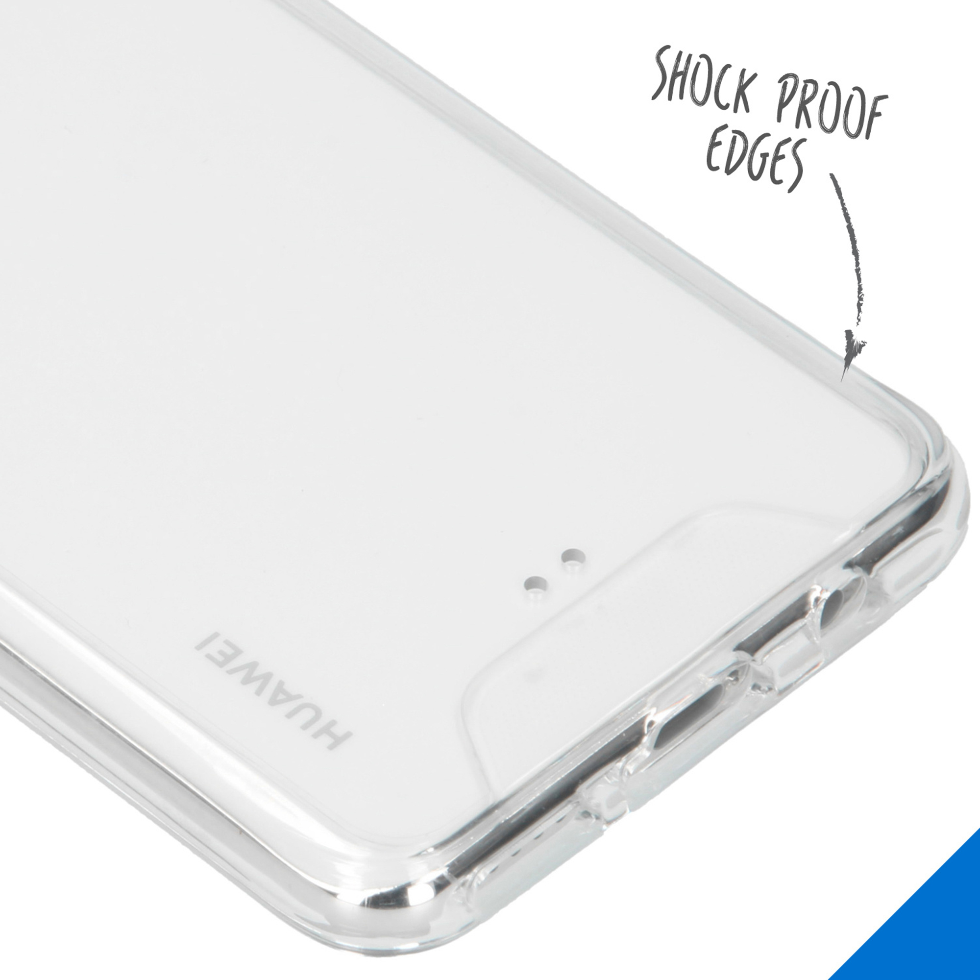 Clear Huawei phone case with shock-proof edges highlighted.