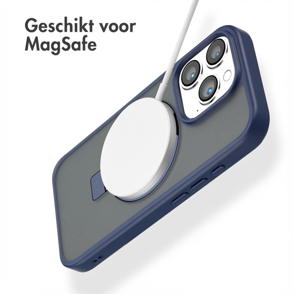 Un iPhone scuro con un caricabatterie MagSafe attaccato sul retro.