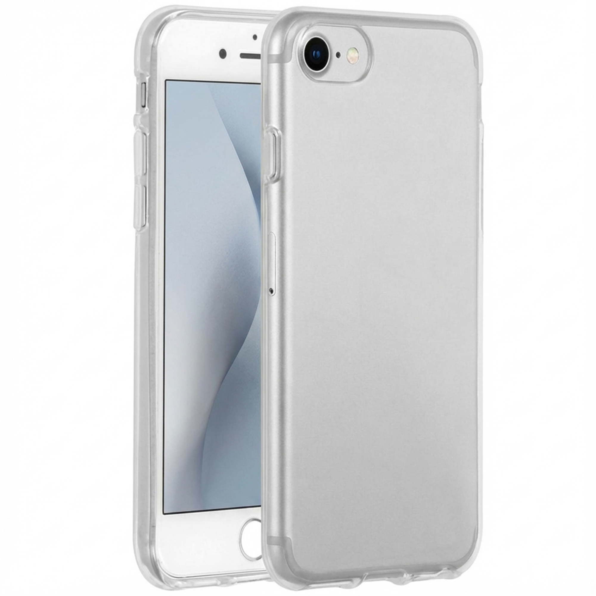 Uno smartphone argentato in una custodia trasparente, in posizione verticale.