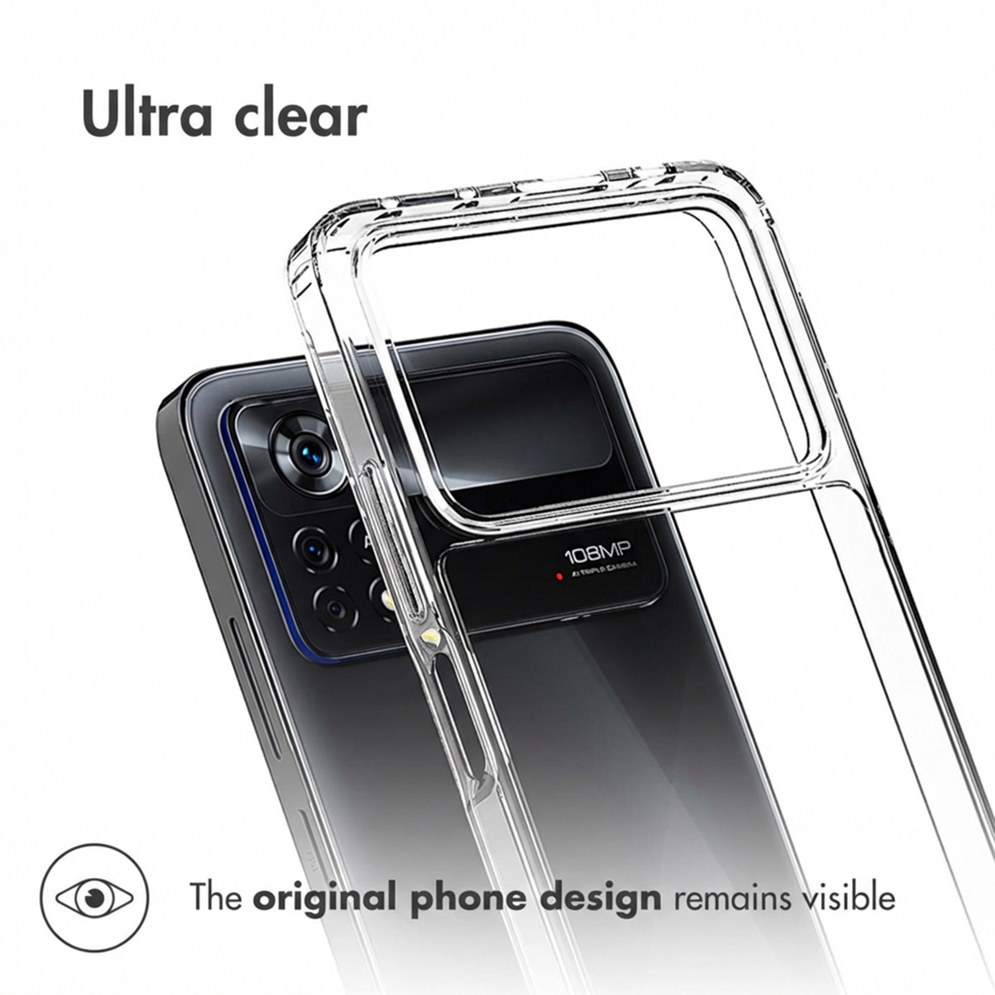 Custodia ultra trasparente su uno smartphone con tre fotocamere e 108MP.