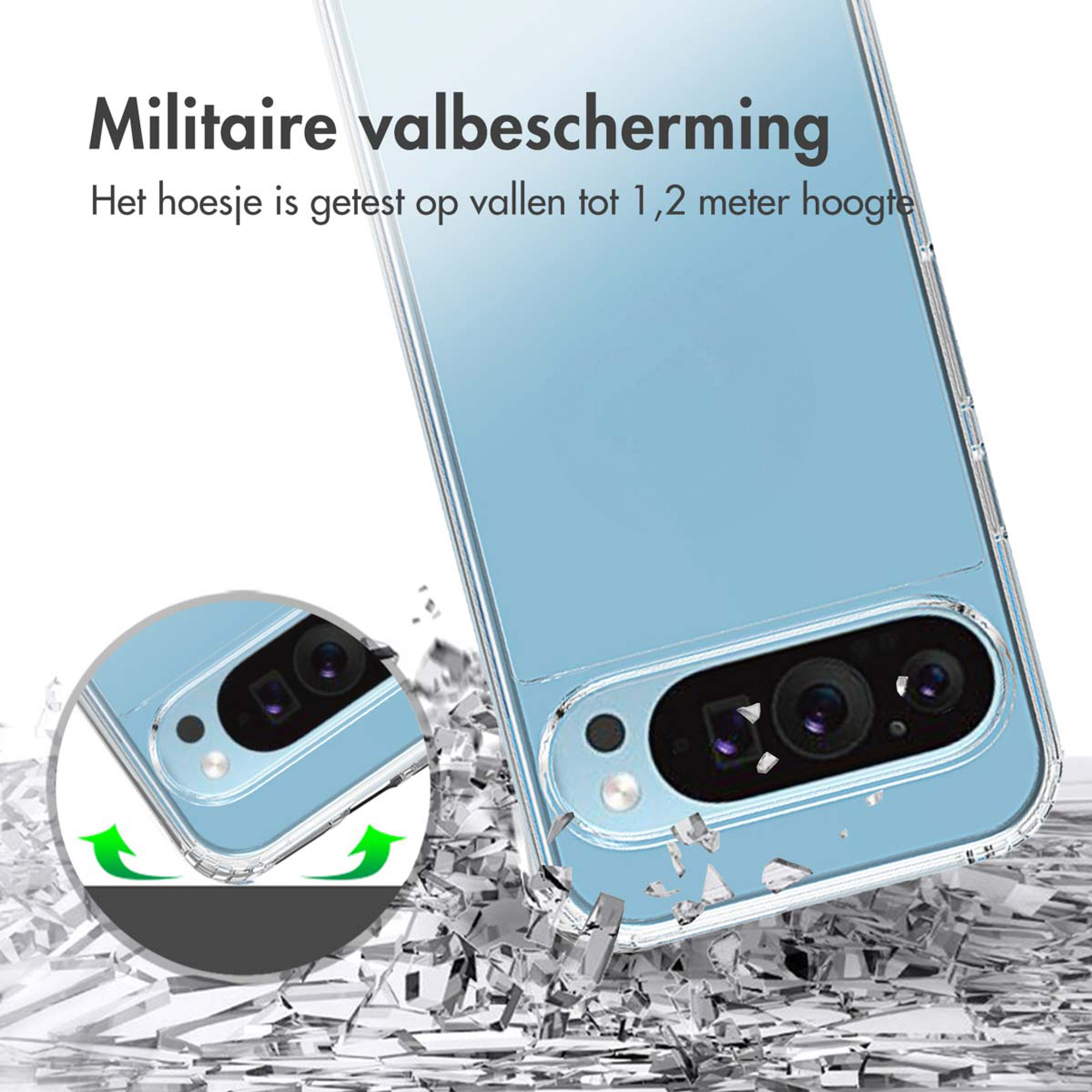 Custodia blu per telefono con fotocamere su sfondo frantumato.