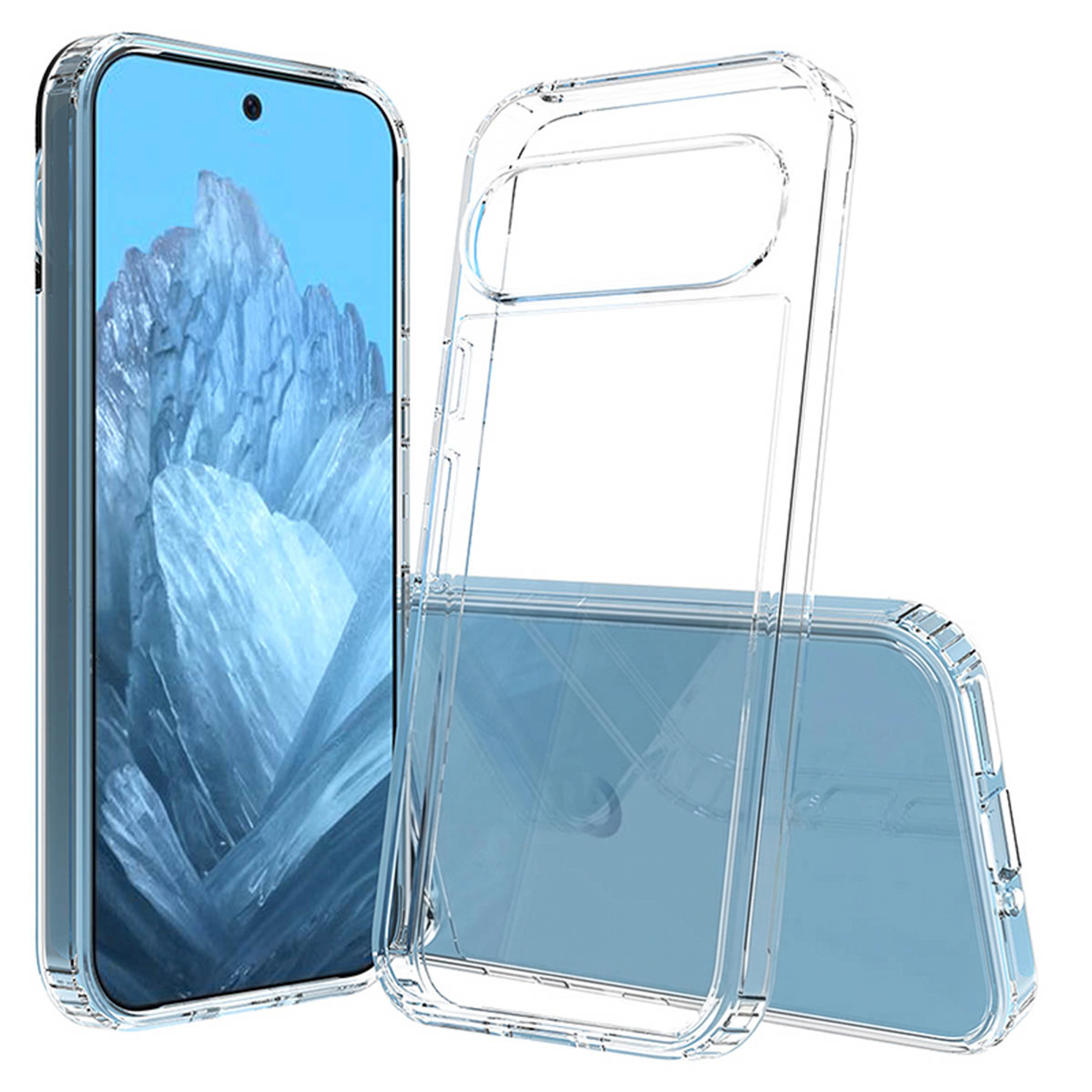 Custodia trasparente per telefono con sfondo blu su bianco.