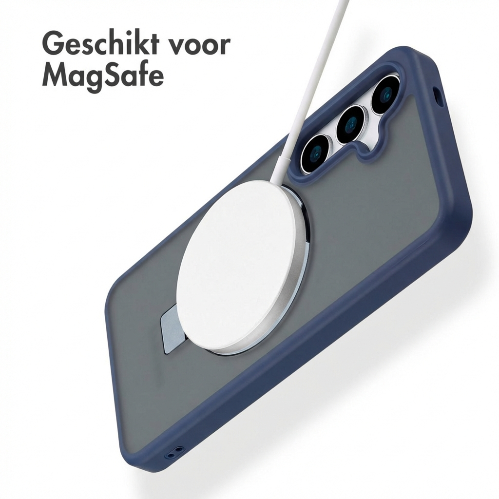 Retro di smartphone con caricatore MagSafe e cover blu. Testo: 'Geschikt voor MagSafe'.