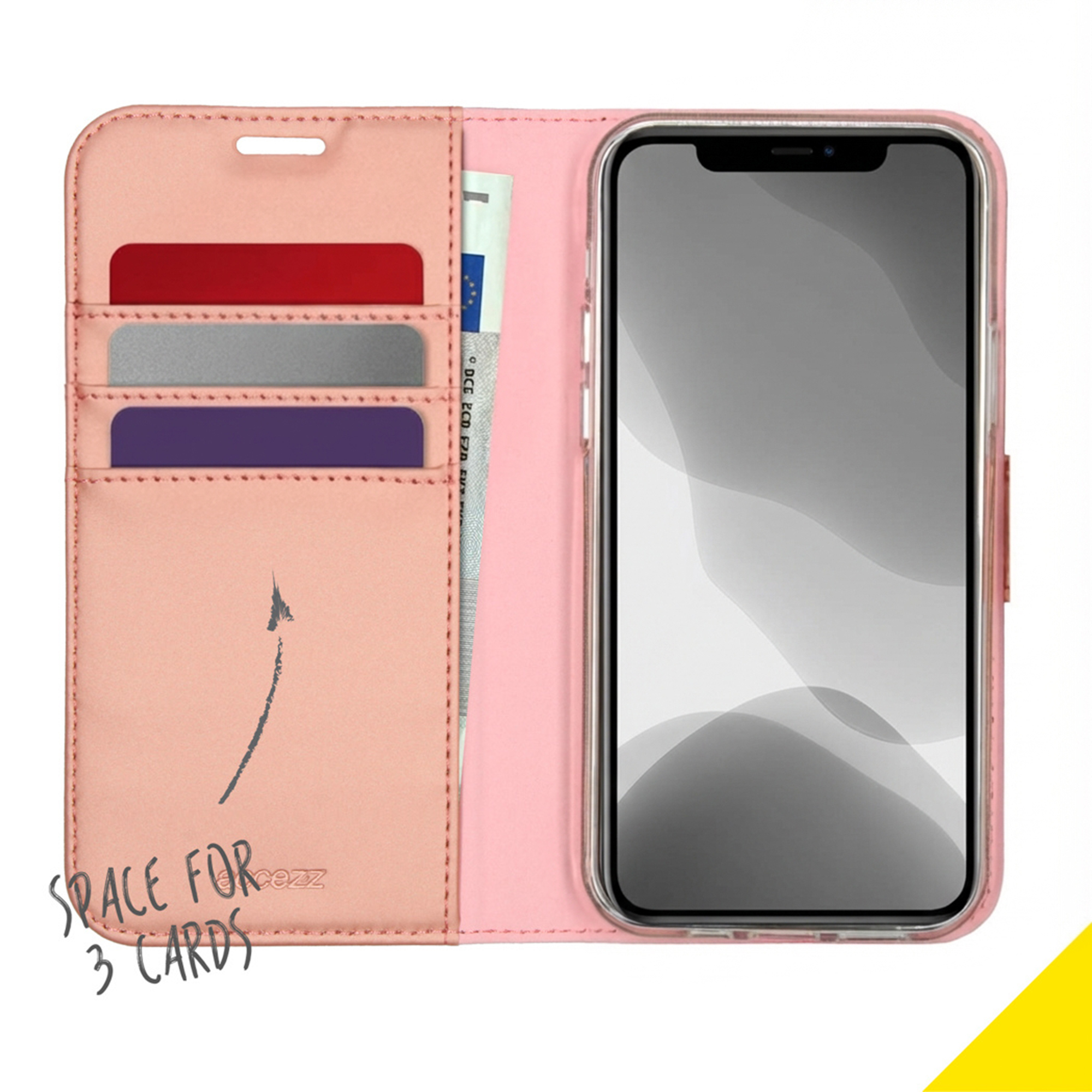 Una custodia per telefono rosa con slot per carte e un telefono.