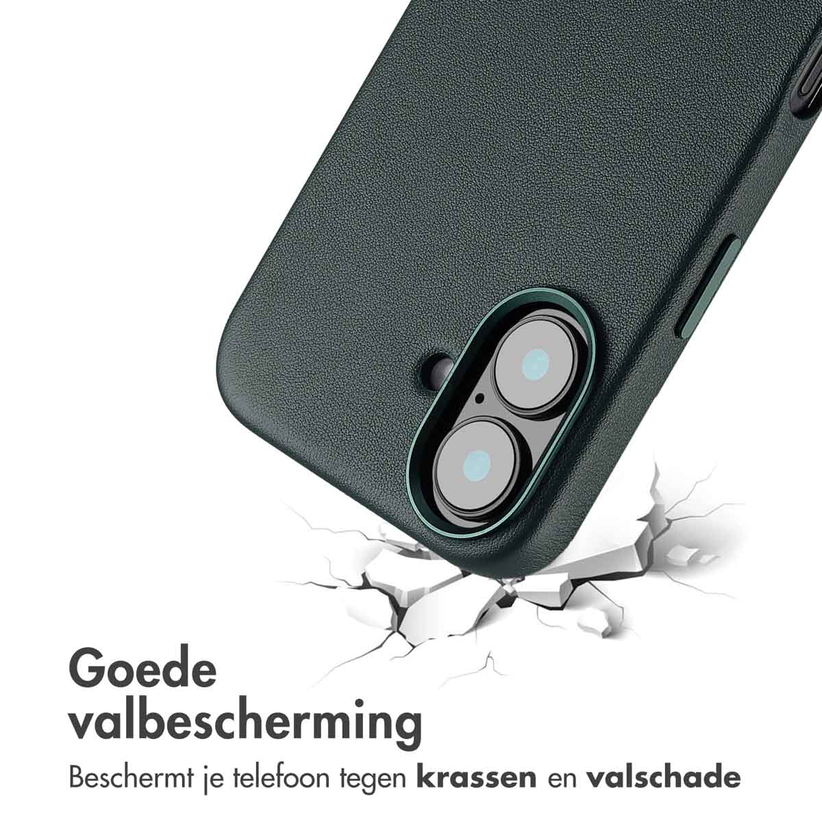 Custodia grigio scuro per telefono con doppia fotocamera, appoggiata su pietre bianche incrinate.