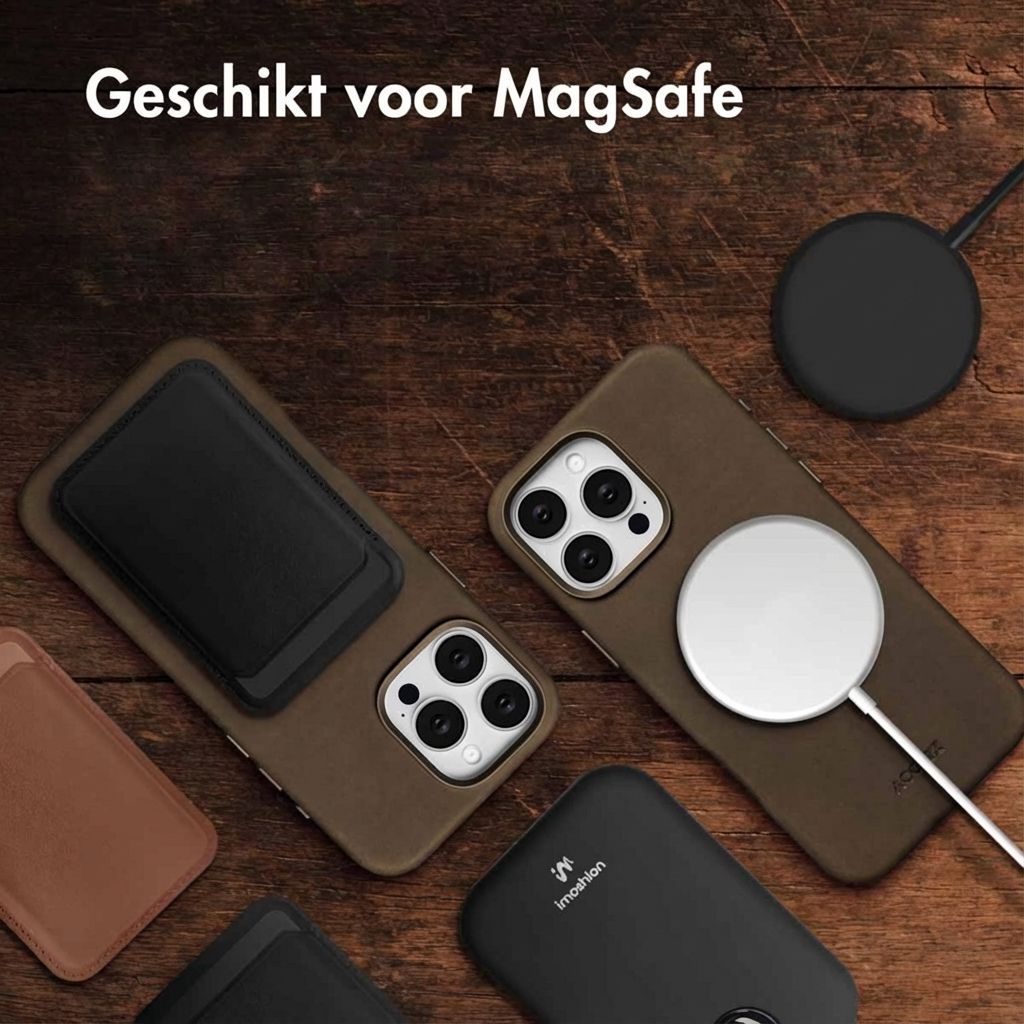 Custodie per telefono marroni con accessori MagSafe e caricabatterie su sfondo legno.