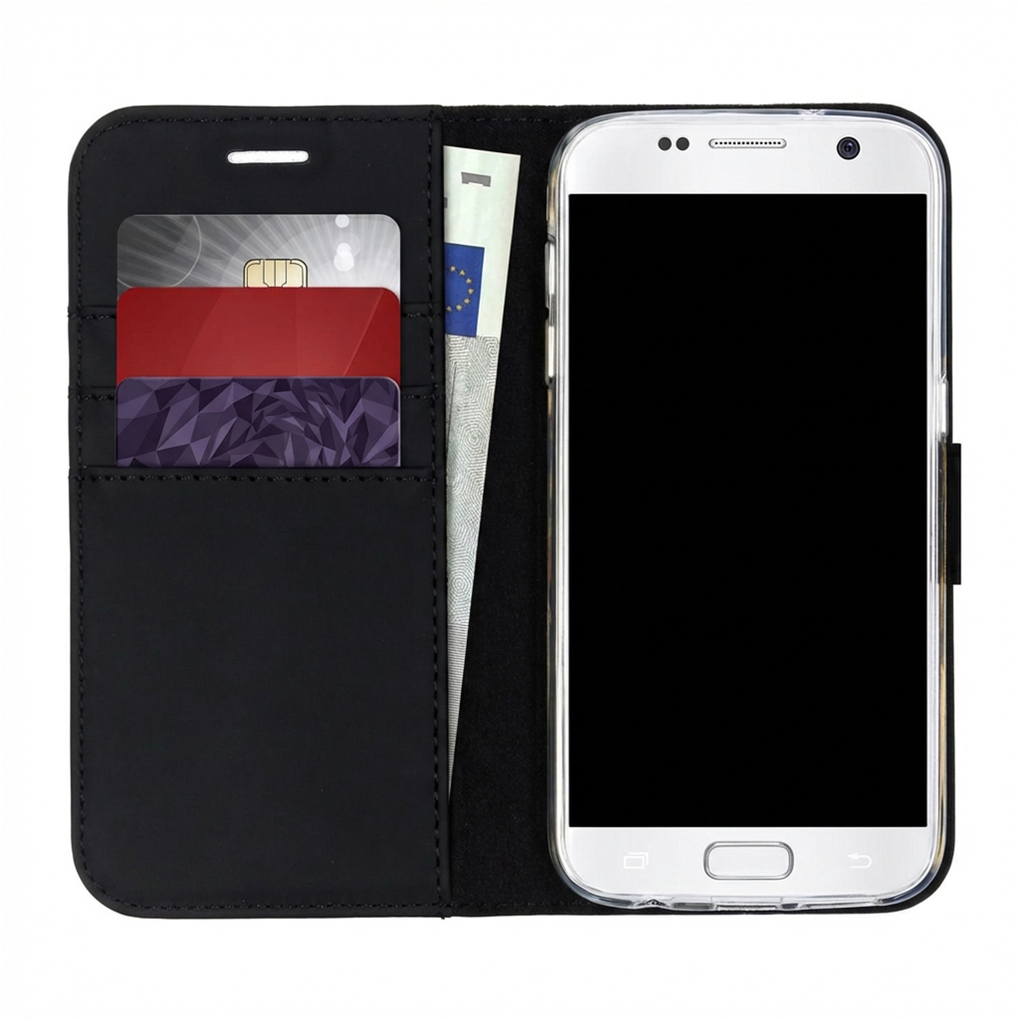 A black flip phone case holding credit cards and a euro bill.