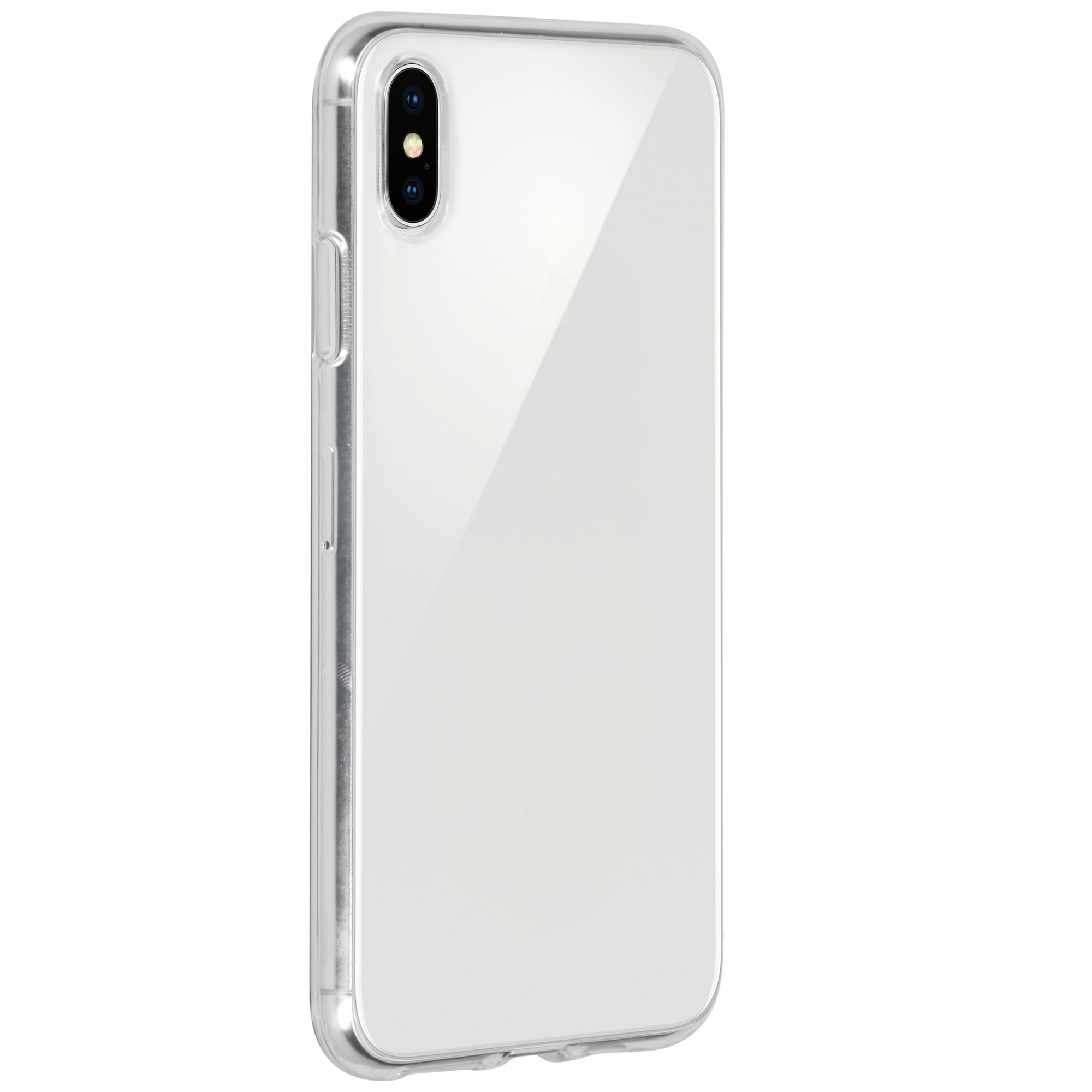 Una custodia trasparente con due fotocamere sul retro di uno smartphone.