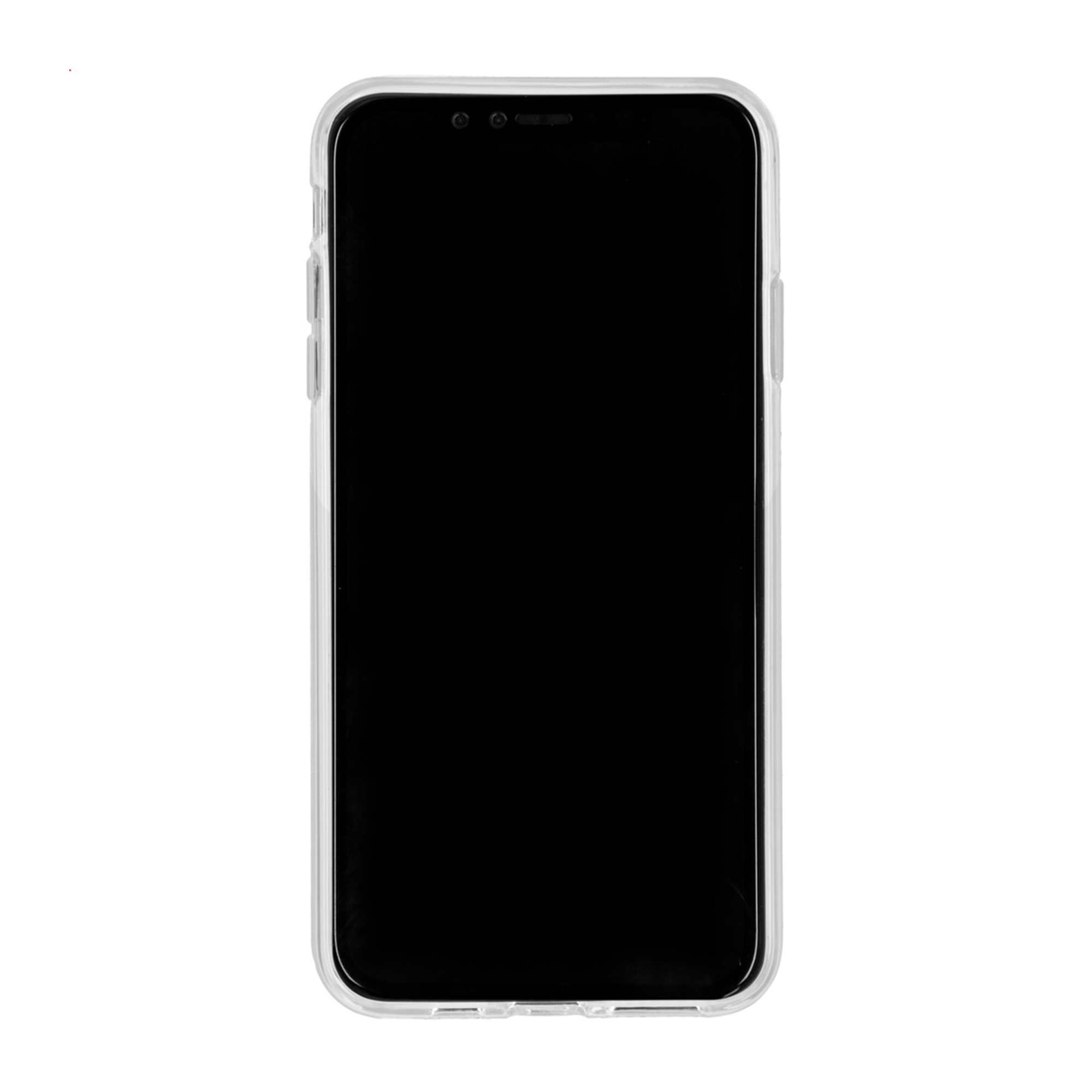 Uno smartphone nero con custodia trasparente su sfondo bianco.