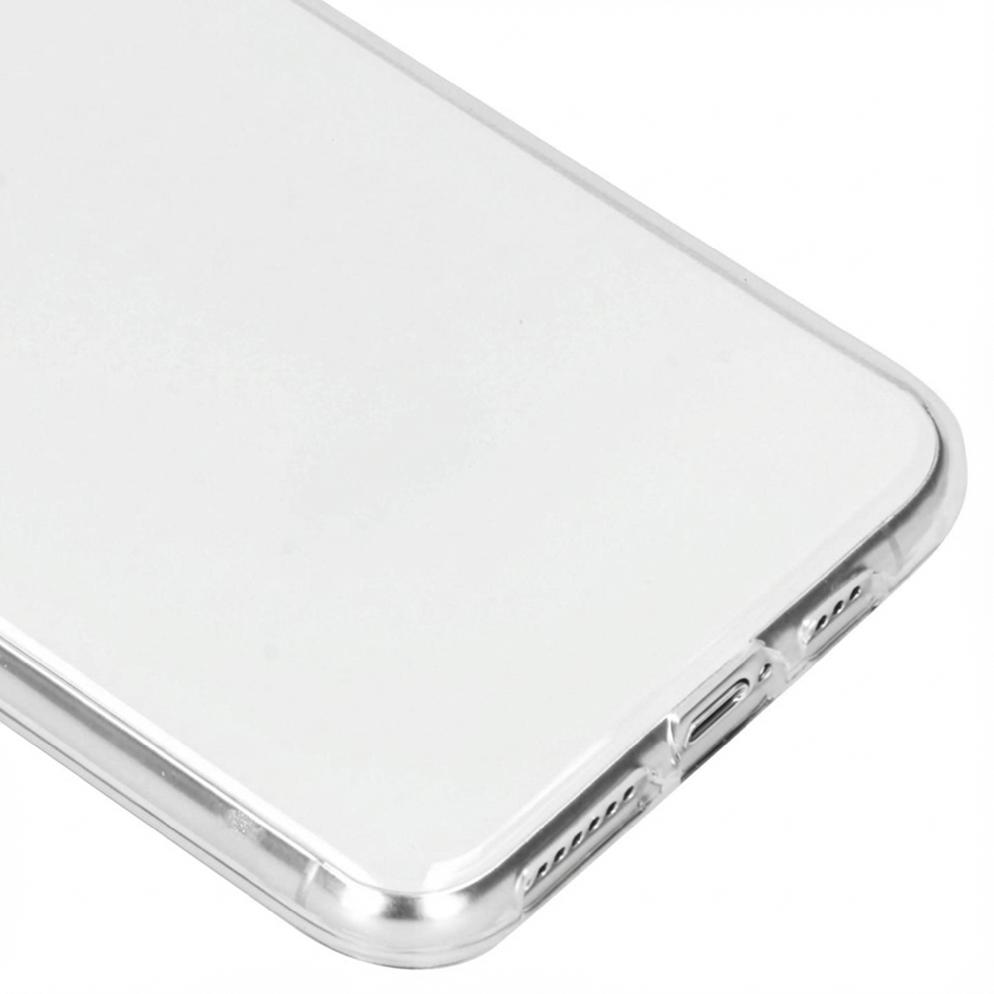 Una cover trasparente per telefono con ritagli per porta di ricarica e altoparlanti.