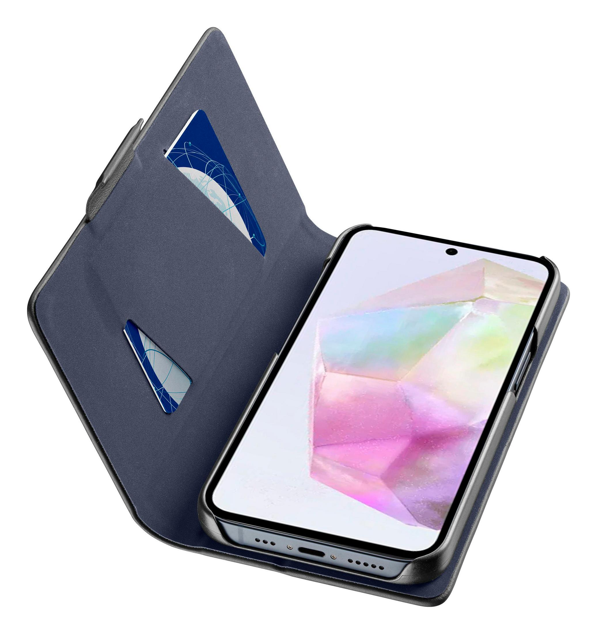 Funda azul para teléfono plegable con ranuras para tarjetas y fondo de pantalla colorido.
