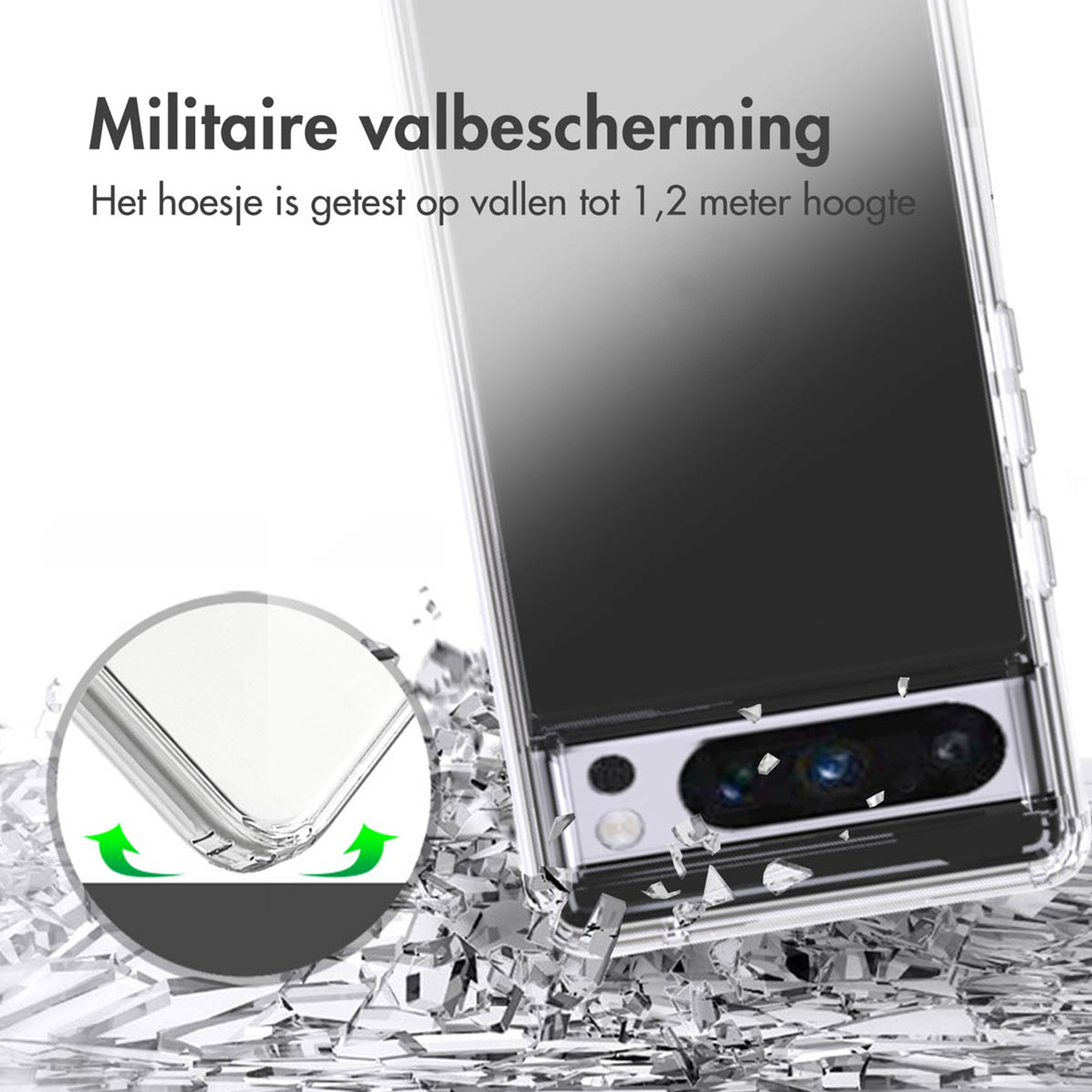 Custodia trasparente per telefono con testo 'Protezione militare da caduta' e frecce.