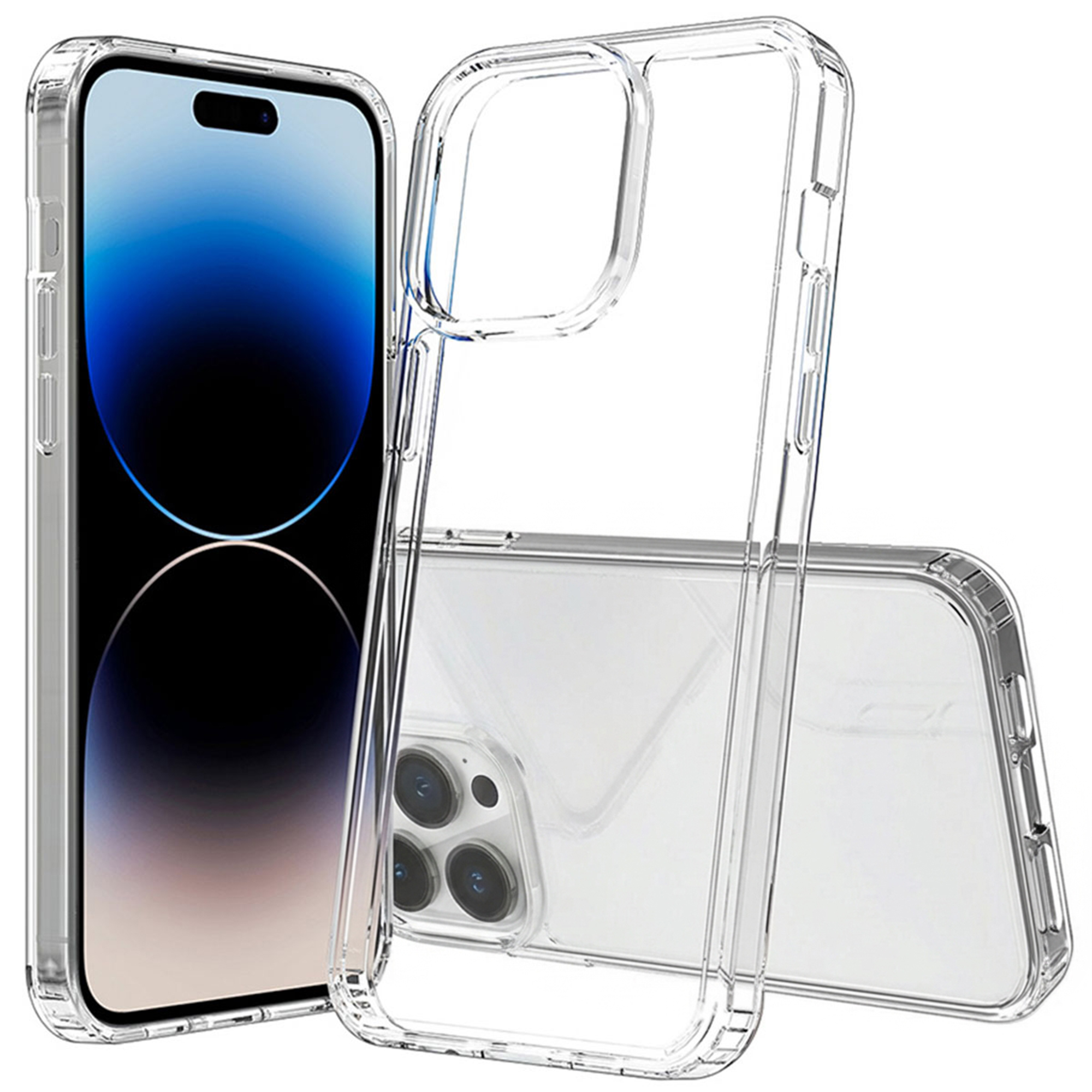Una cover trasparente per telefono poggia accanto a uno smartphone con display blu.