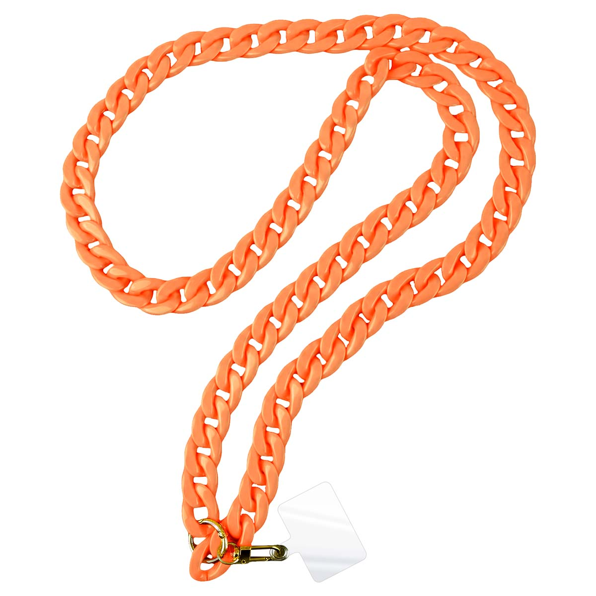 Eine leuchtend orangefarbene Gliederkette mit einem Anhänger für ein Smartphone.