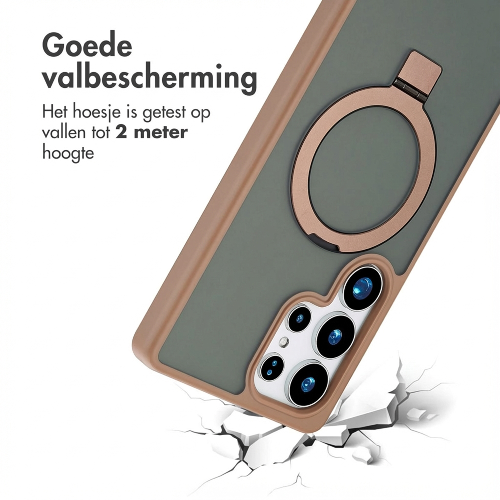Custodia verde per telefono con anello e lenti della fotocamera che cade su terreno incrinato.