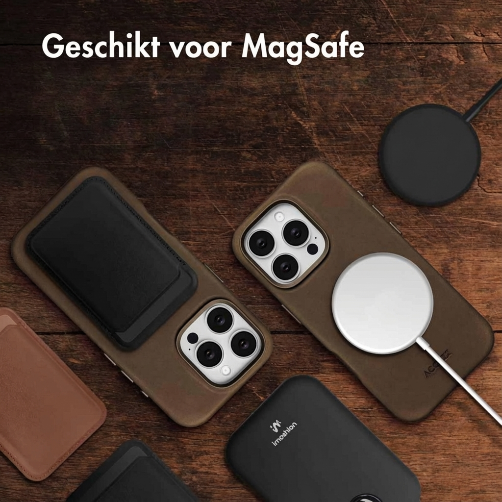 Custodie marroni per iPhone con caricatore MagSafe, portafoglio e power bank su legno.