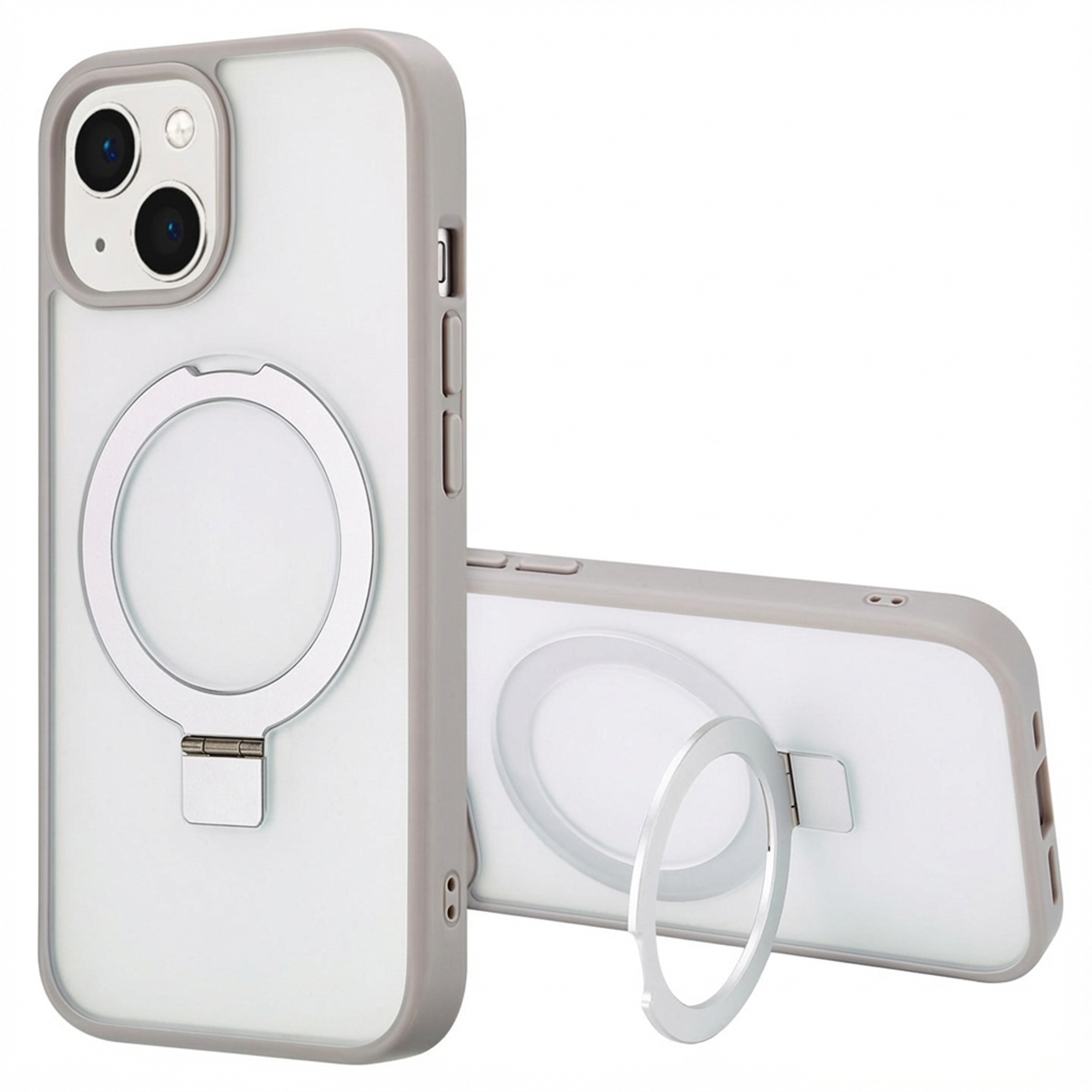 Gray iPhone case with ring holder, shown on white background.