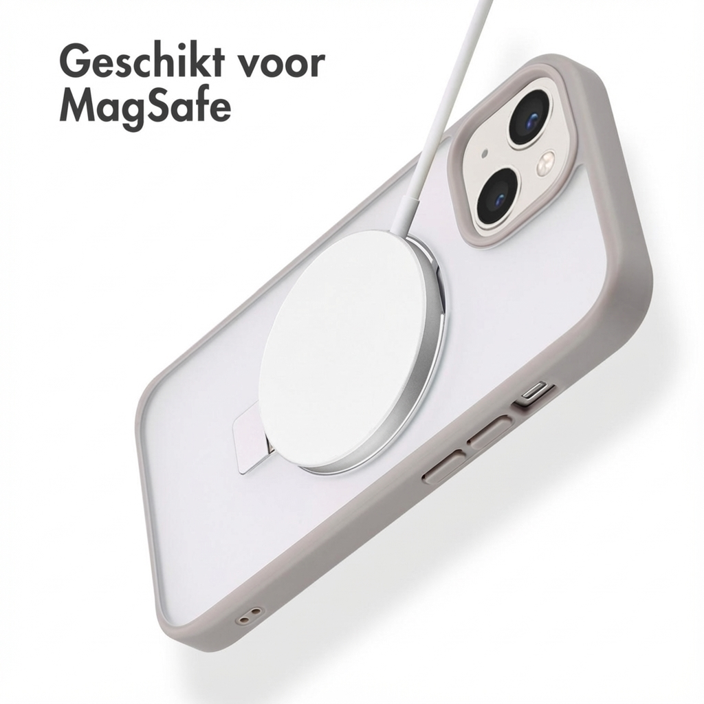A clear iPhone with a MagSafe charger attached to the back.