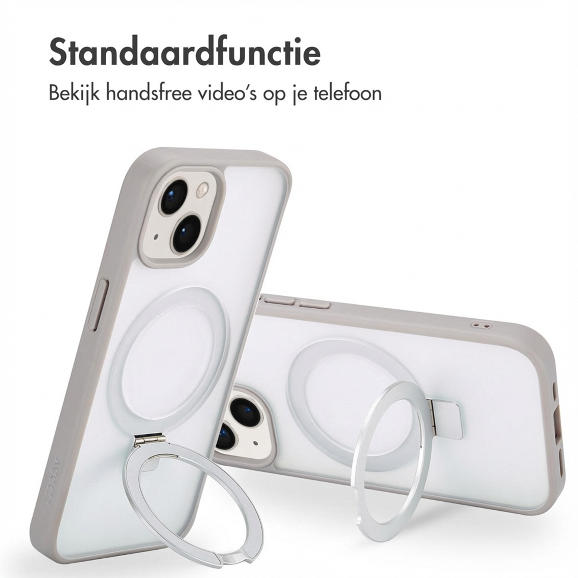 Two gray phone cases with silver ring stands on a white background.