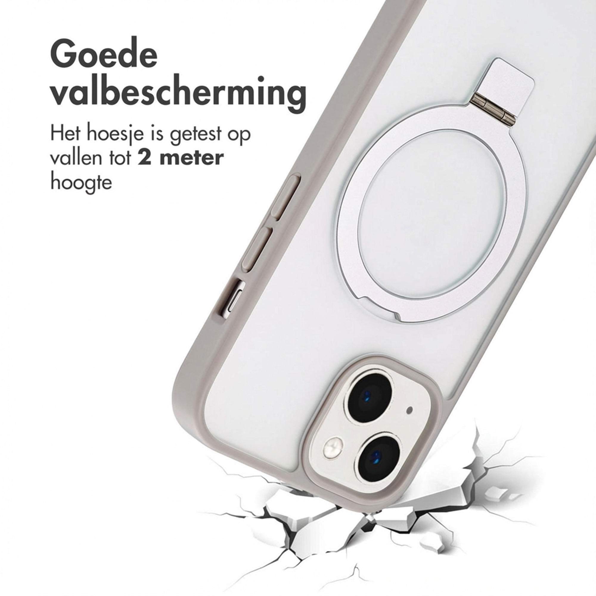 Grey phone case with ring holder breaking a white surface.