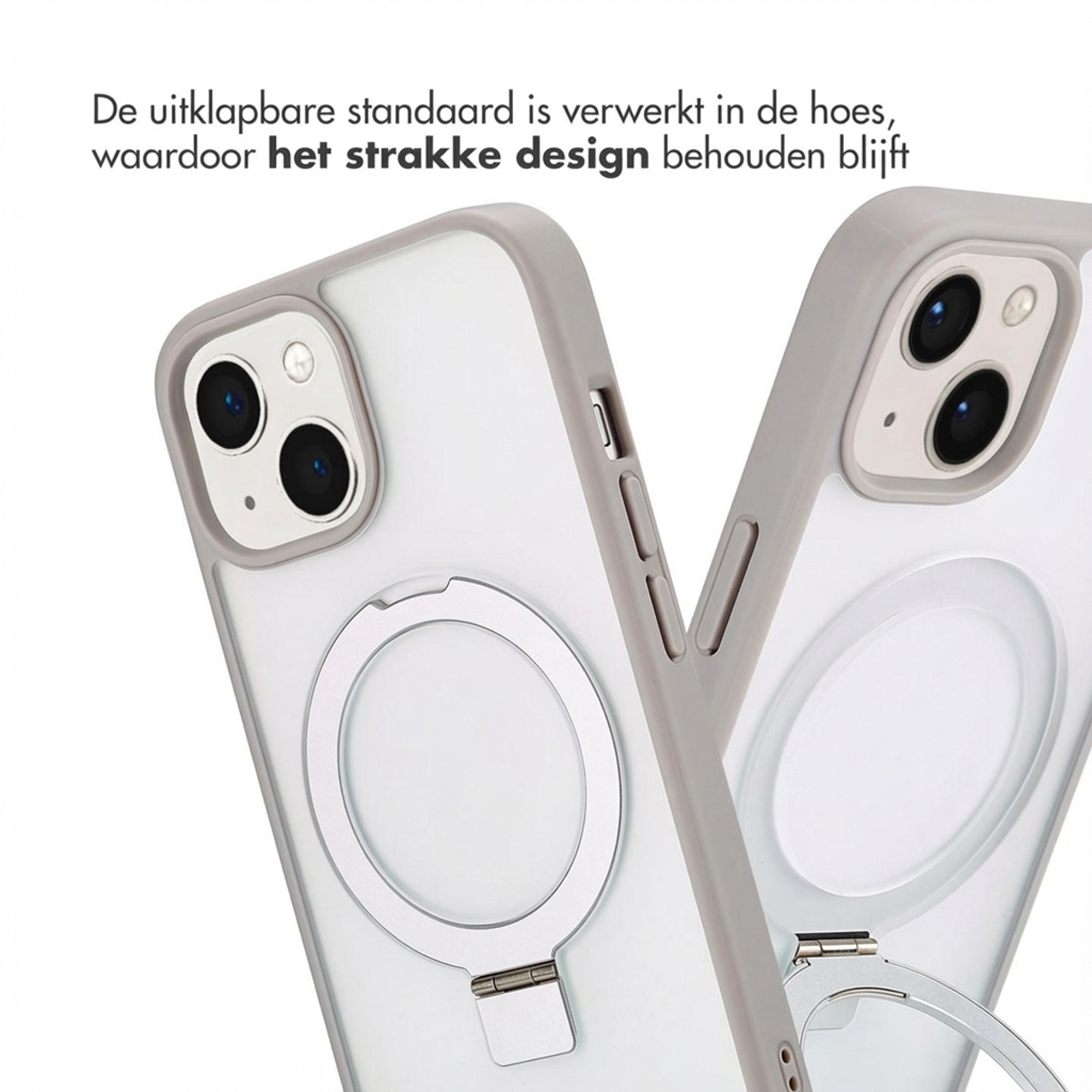 Two clear phone cases with integrated silver ring stands are shown against a white background.