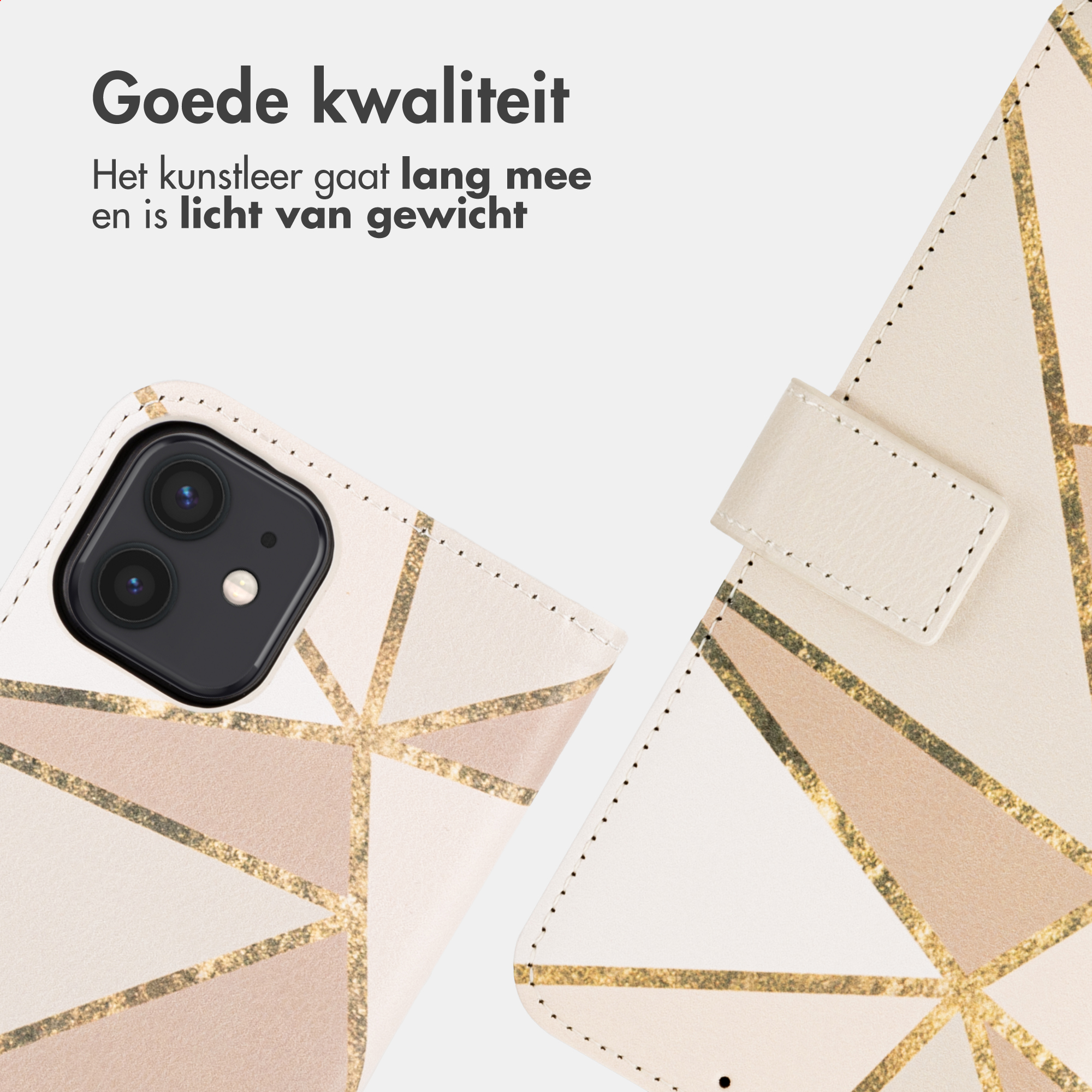 Una custodia per telefono con motivo geometrico bianco, beige e oro.