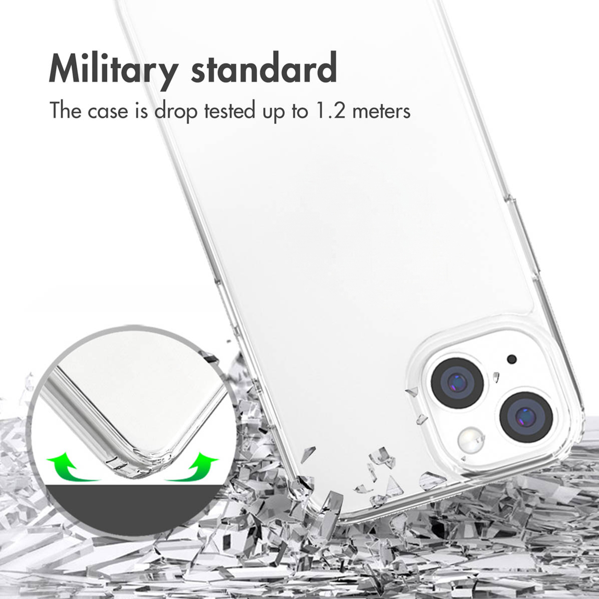 Custodia trasparente per telefono con testo 'Standard militare', testata fino a 1,2m.