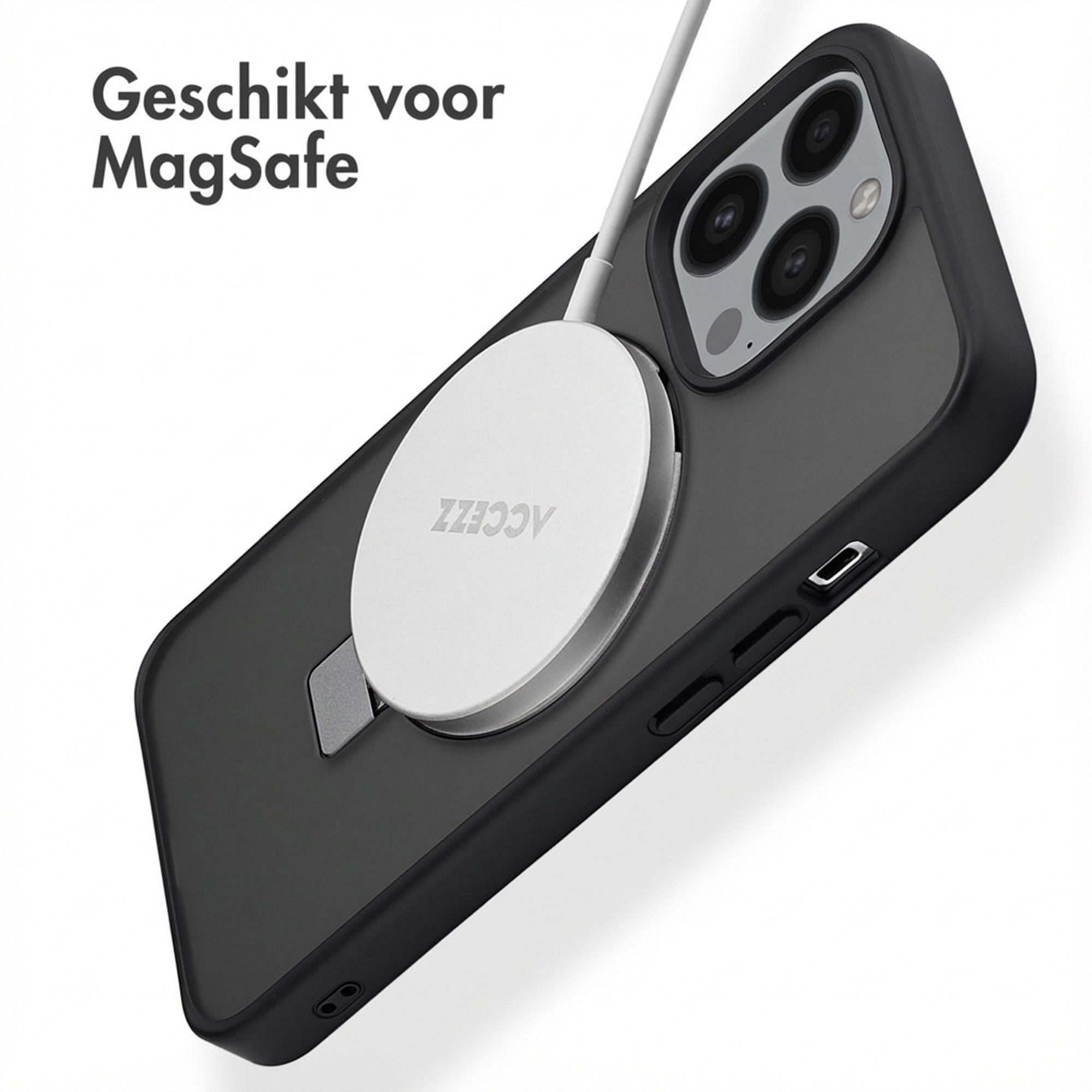 iPhone nero con caricabatterie MagSafe e testo ‘Geschikt voor MagSafe’.
