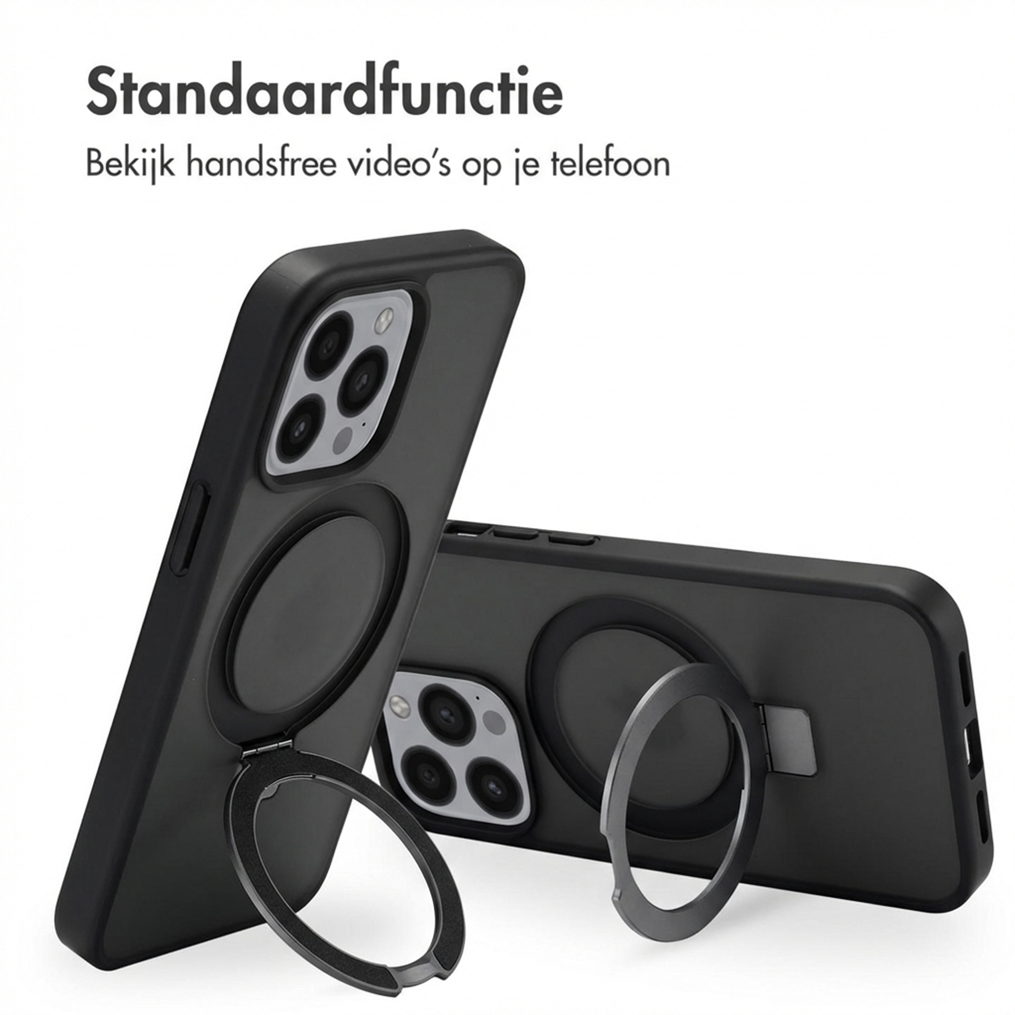 Custodia nera per telefono con anello, perfetta per guardare video a mani libere.