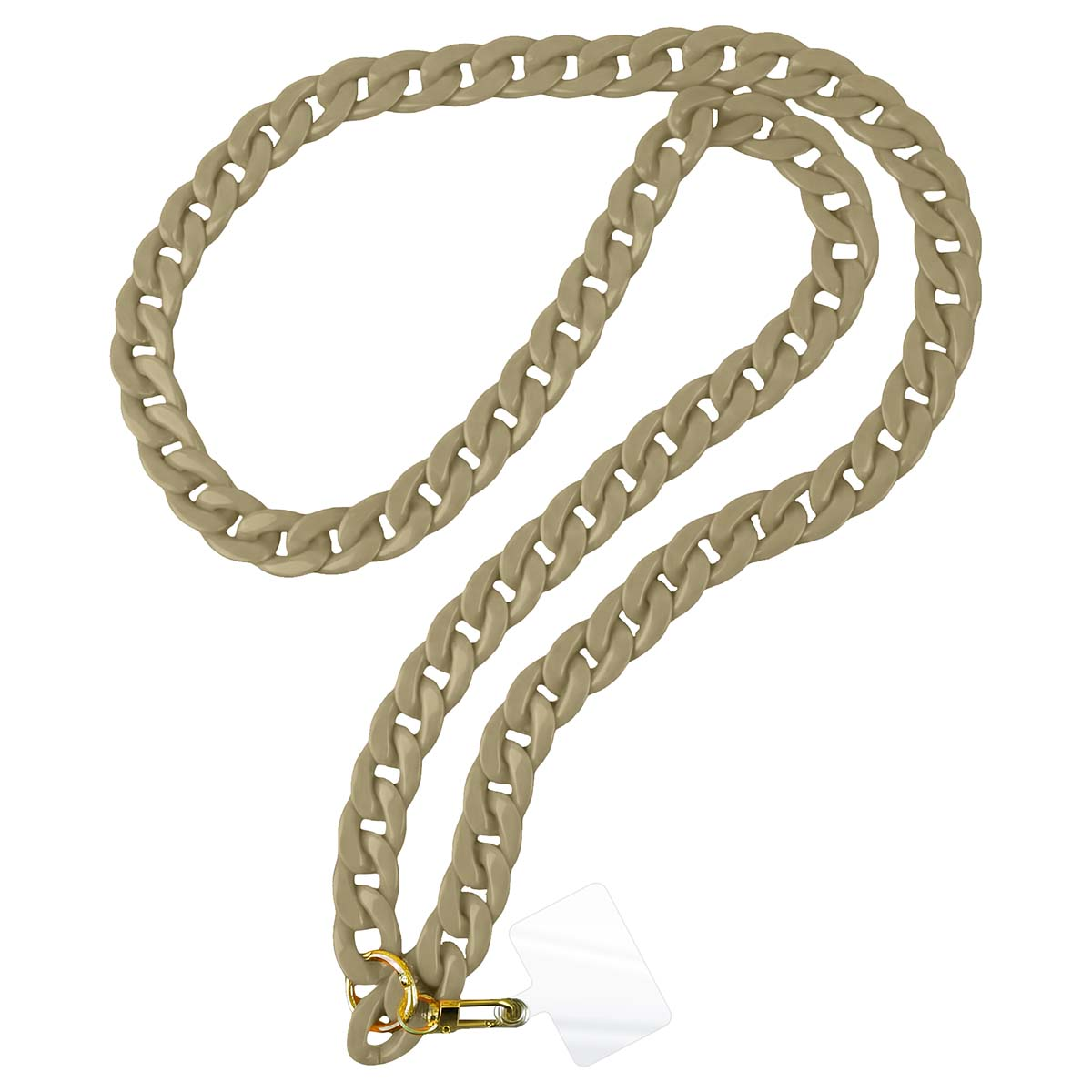 Eine beige Gliederkette mit goldenem Karabiner und transparentem Anhänger.