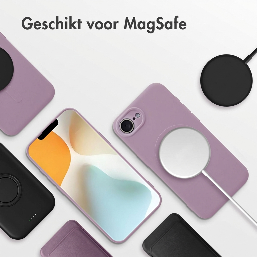 Cover viola e nere per telefono con caricabatterie MagSafe e iPhone.