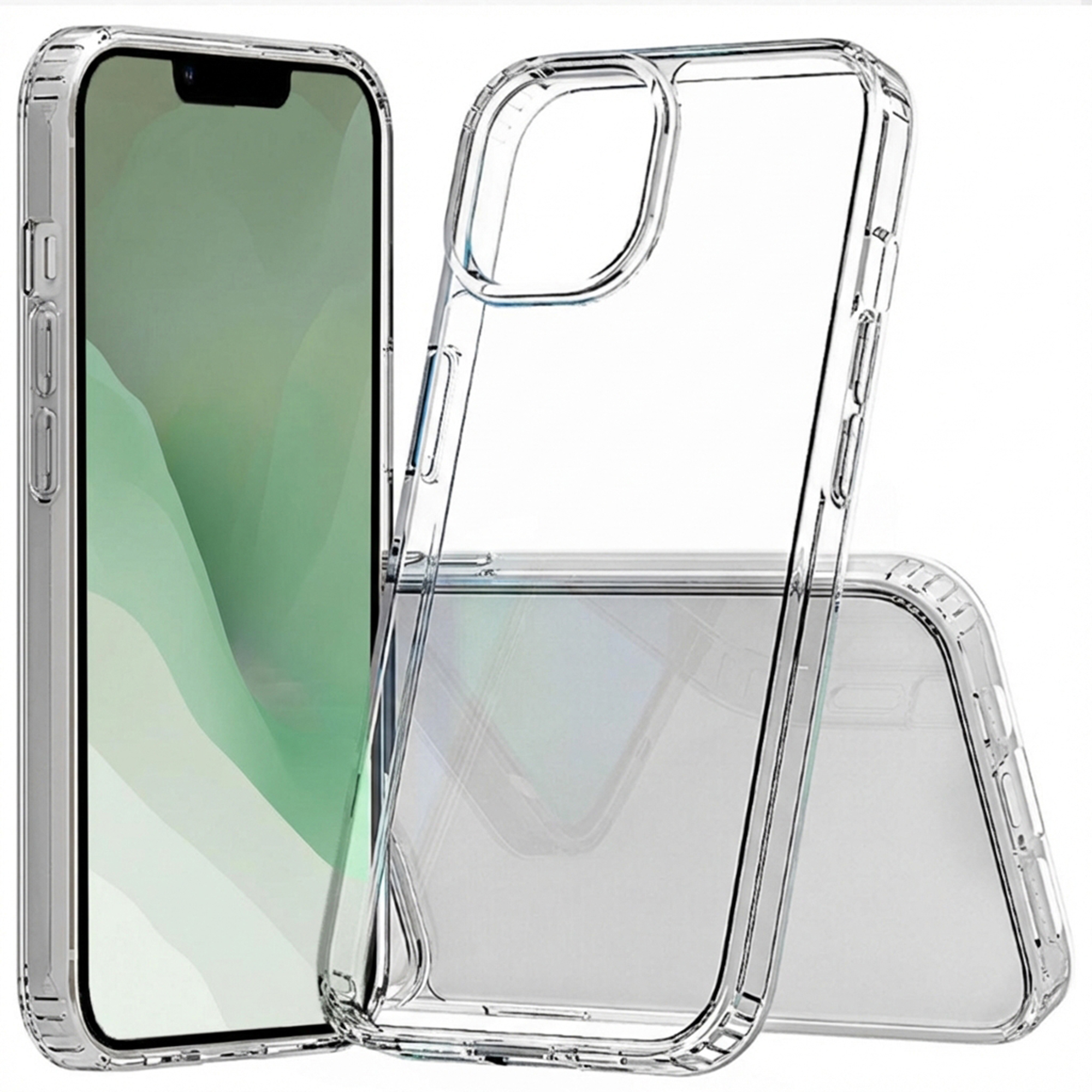 Una custodia trasparente per telefono accanto a uno smartphone con schermo verde.